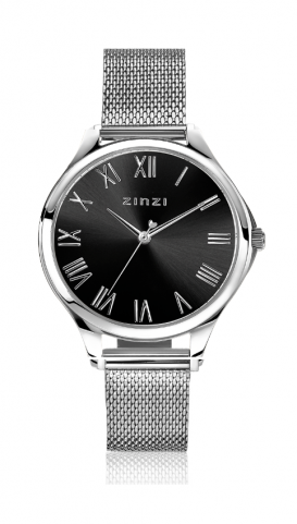 ZINZI Uhr JULIA 34 mm schwarzes Zifferblatt römische Ziffern Stahlgehäuse und Mesh-Armband ZIW1101M