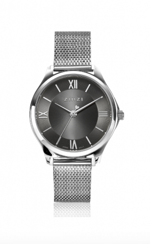 ZINZI Classy Mini Uhr 30 mm graues Zifferblatt Stahlgehäuse und Mesh-Armband ZIW1224M