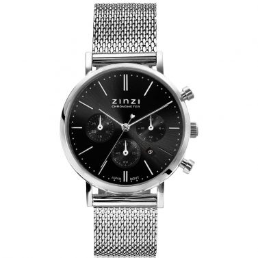 "ZINZI Uhr CHRONOGRAPH 34 mm schwarzes Zifferblatt mit Datum und Chronometern, Stahlgehäuse, Stahlgeflechtarmband 18 mm ZIW1501"