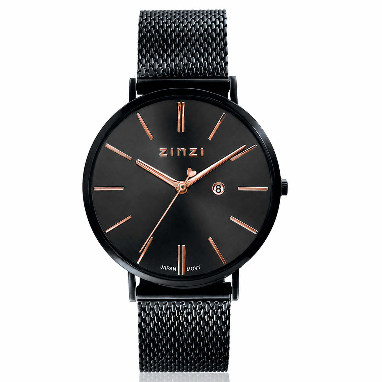 ZINZI Retro Uhr schwarzes Zifferblatt und schwarzes Stahlgehäuse schwarzes Stahlgitterband 38mm extra dünn ZIW409M