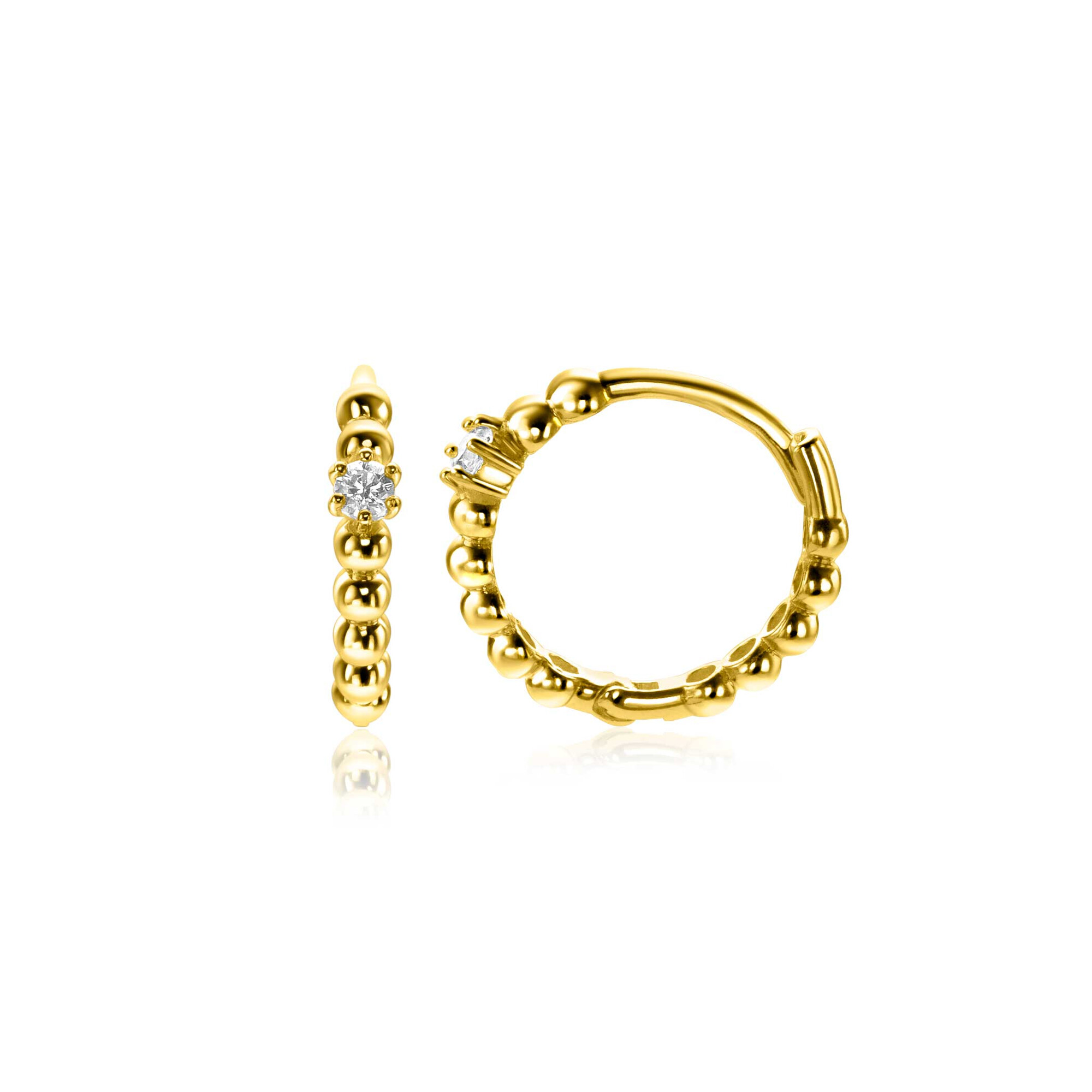 13mm ZINZI Gold 14kt goldene Creolen mit Kugel-Design und einem runden weißen Zirkonia, mit luxuriösem Klappverschluss 13x2mm ZGO527