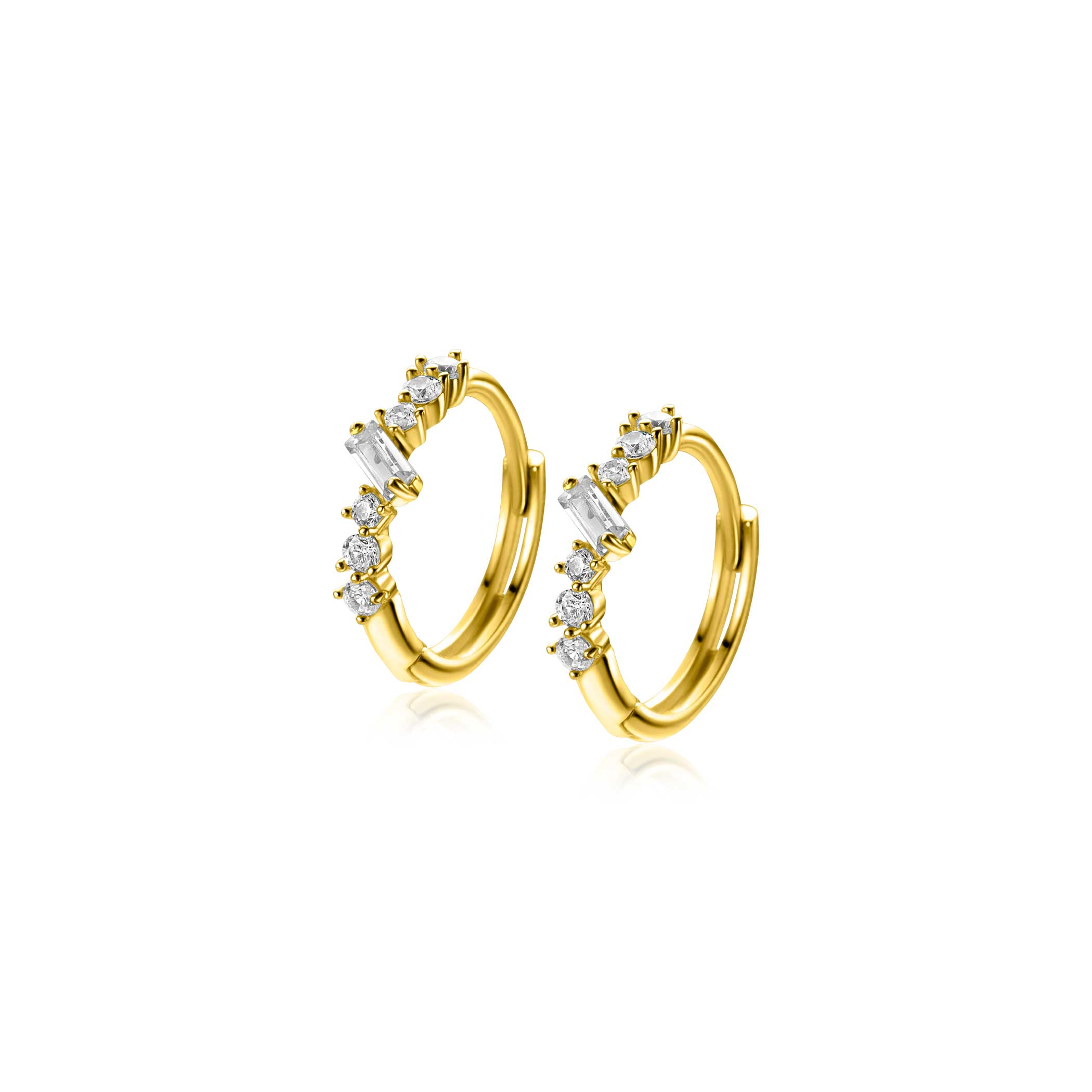 13mm ZINZI Gold 14kt goldene Creolen mit rechteckigem baguettegeschliffenen Zirkonia und sechs runden weißen Zirkonias, mit luxuriösem Klappverschluss 13x2mm ZGO528