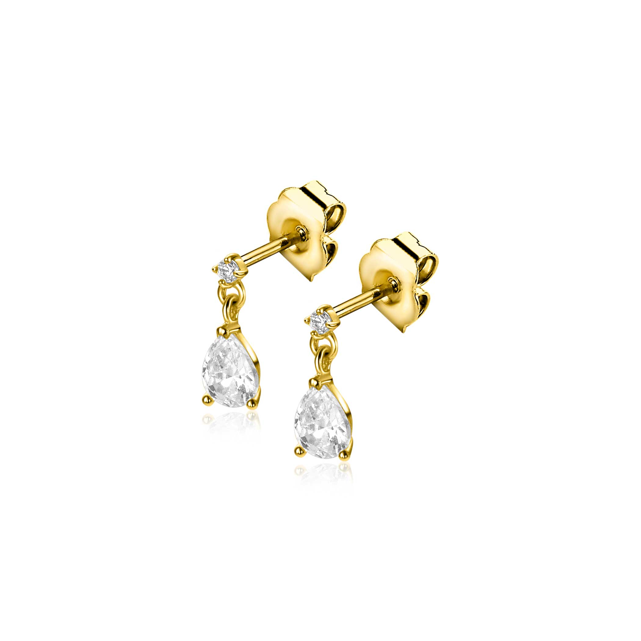 8mm ZINZI Gold 14kt goldene Ohrstecker mit einem tropfenförmigen und runden weißen Zirkonia ZGO514