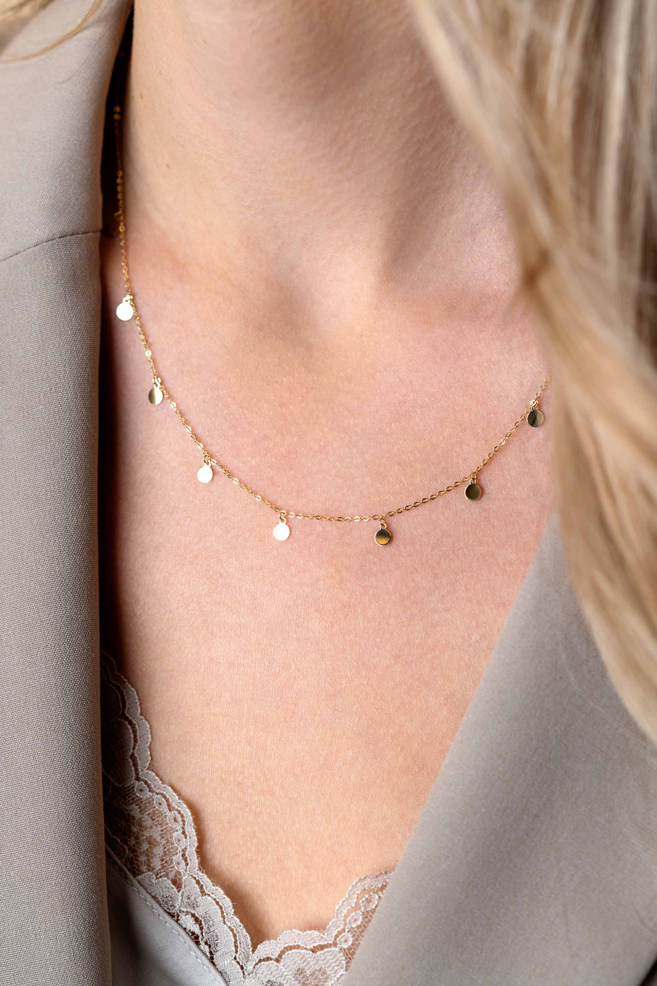 ZINZI Gold 14 Karat goldene Kette mit 9 baumelnden Kreisen 40-45cm ZGC488
