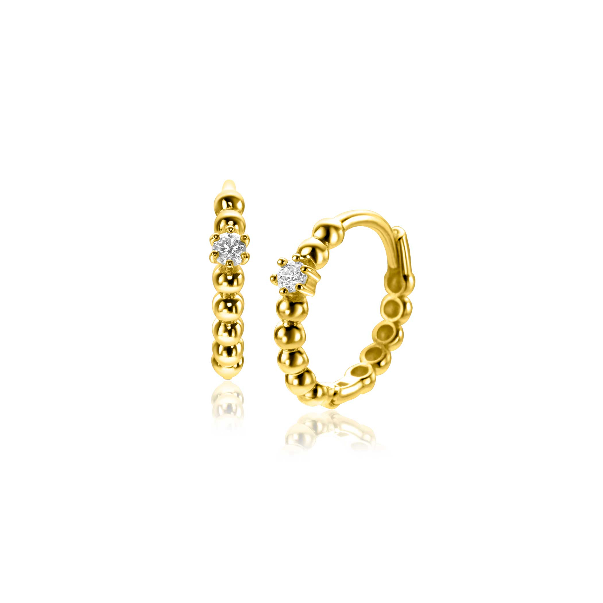 13mm ZINZI Gold 14kt goldene Creolen mit Kugel-Design und einem runden weißen Zirkonia, mit luxuriösem Klappverschluss 13x2mm ZGO527