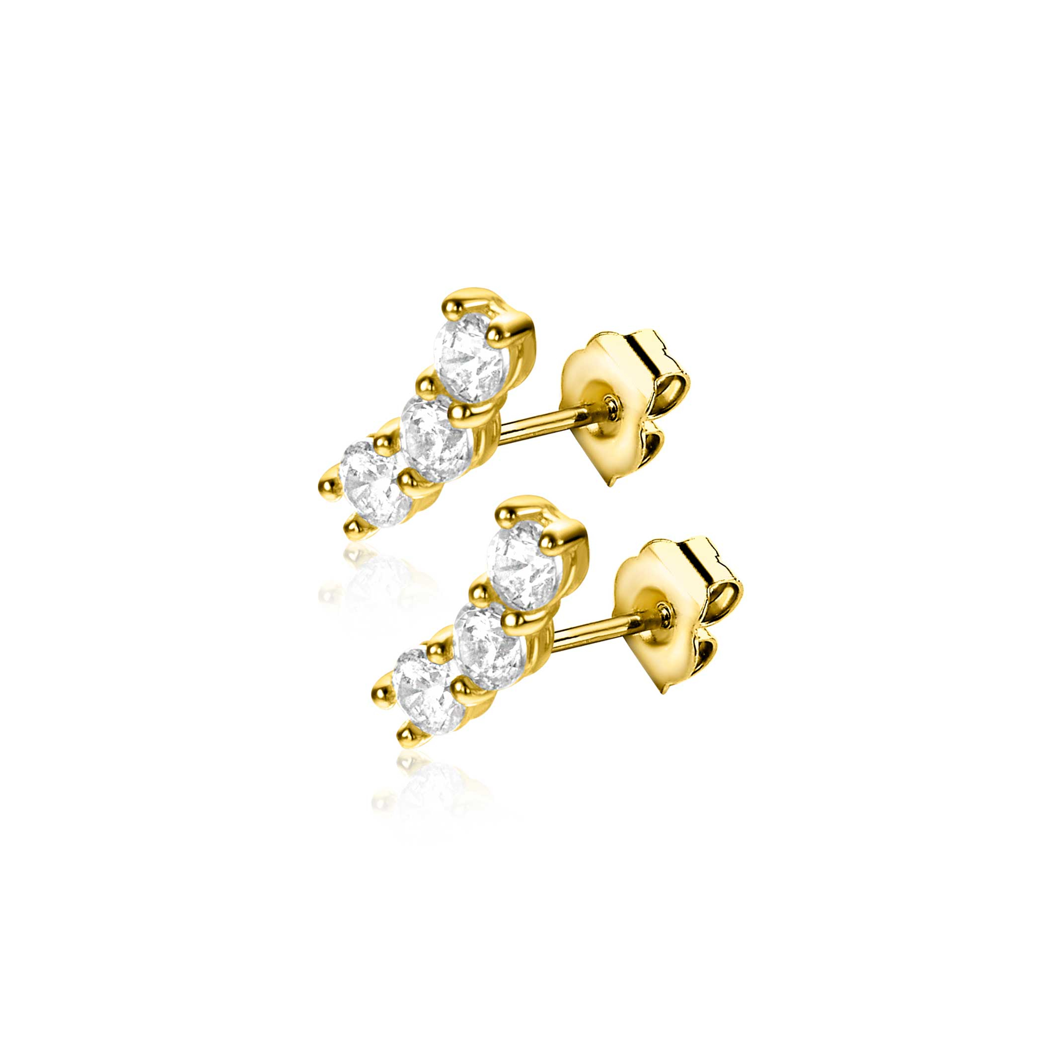 7mm ZINZI Gold 14kt goldene Ohrstecker mit drei weißen Zirkonias in Reihenfassung ZGO515