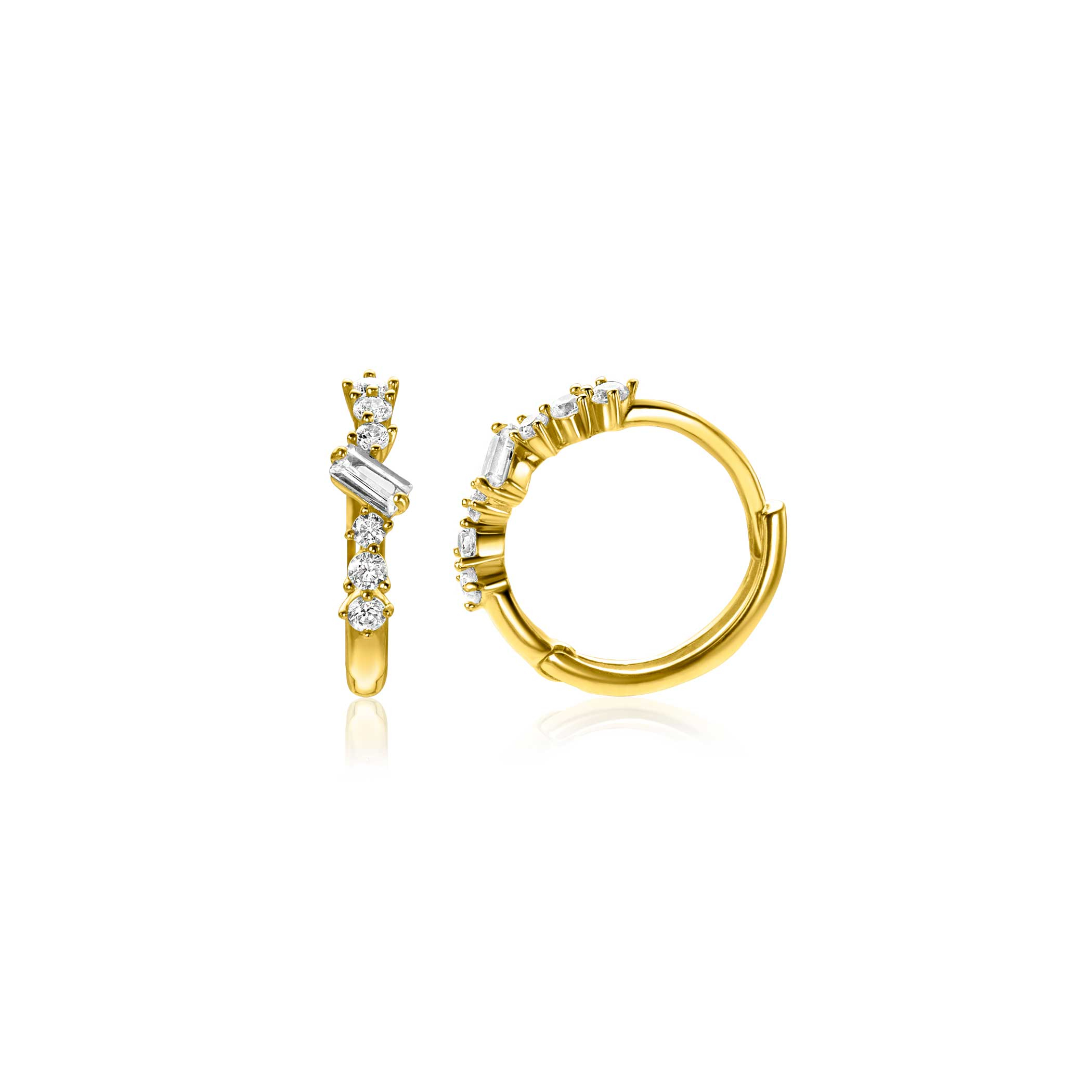 13mm ZINZI Gold 14kt goldene Creolen mit rechteckigem baguettegeschliffenen Zirkonia und sechs runden weißen Zirkonias, mit luxuriösem Klappverschluss 13x2mm ZGO528