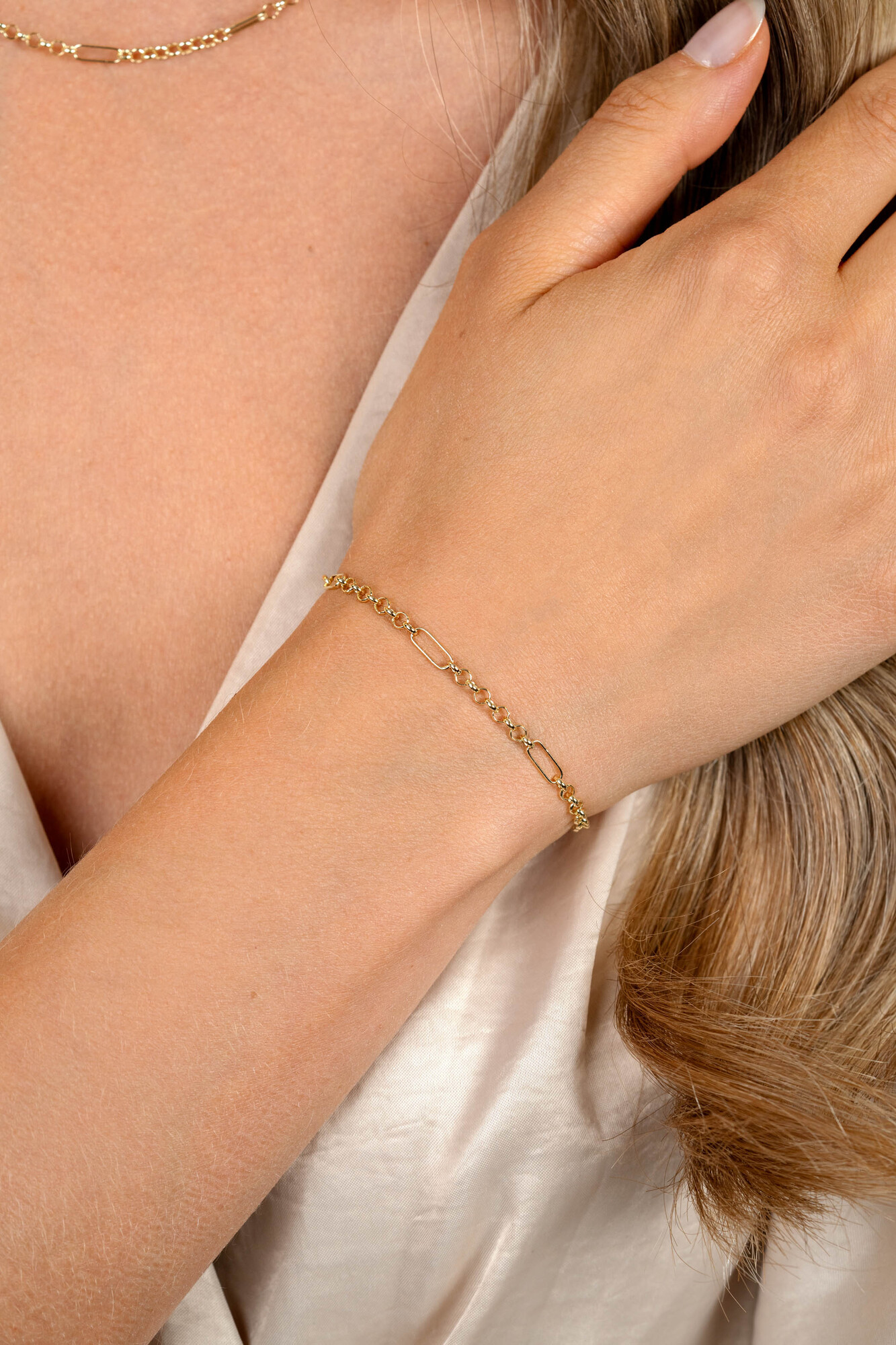 ZINZI Gold 14 Karat massives goldenes Armband mit vier Paperclip-Gliedern kombiniert mit Jasseron-Gliedern 17-19 cm ZGA495