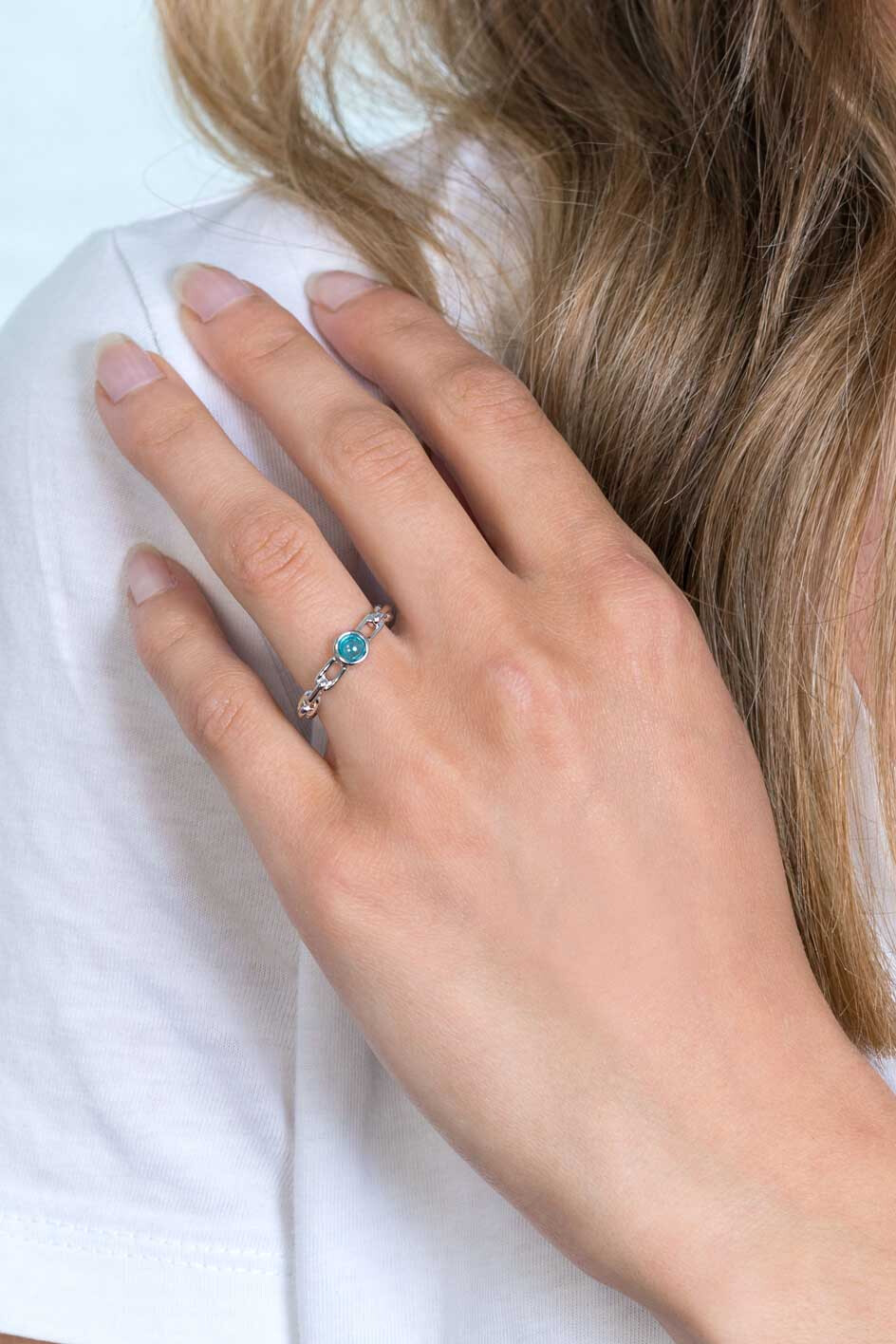 ZINZI silberner Ring Paperclip-Kette türkis blau rund ZIR2173
