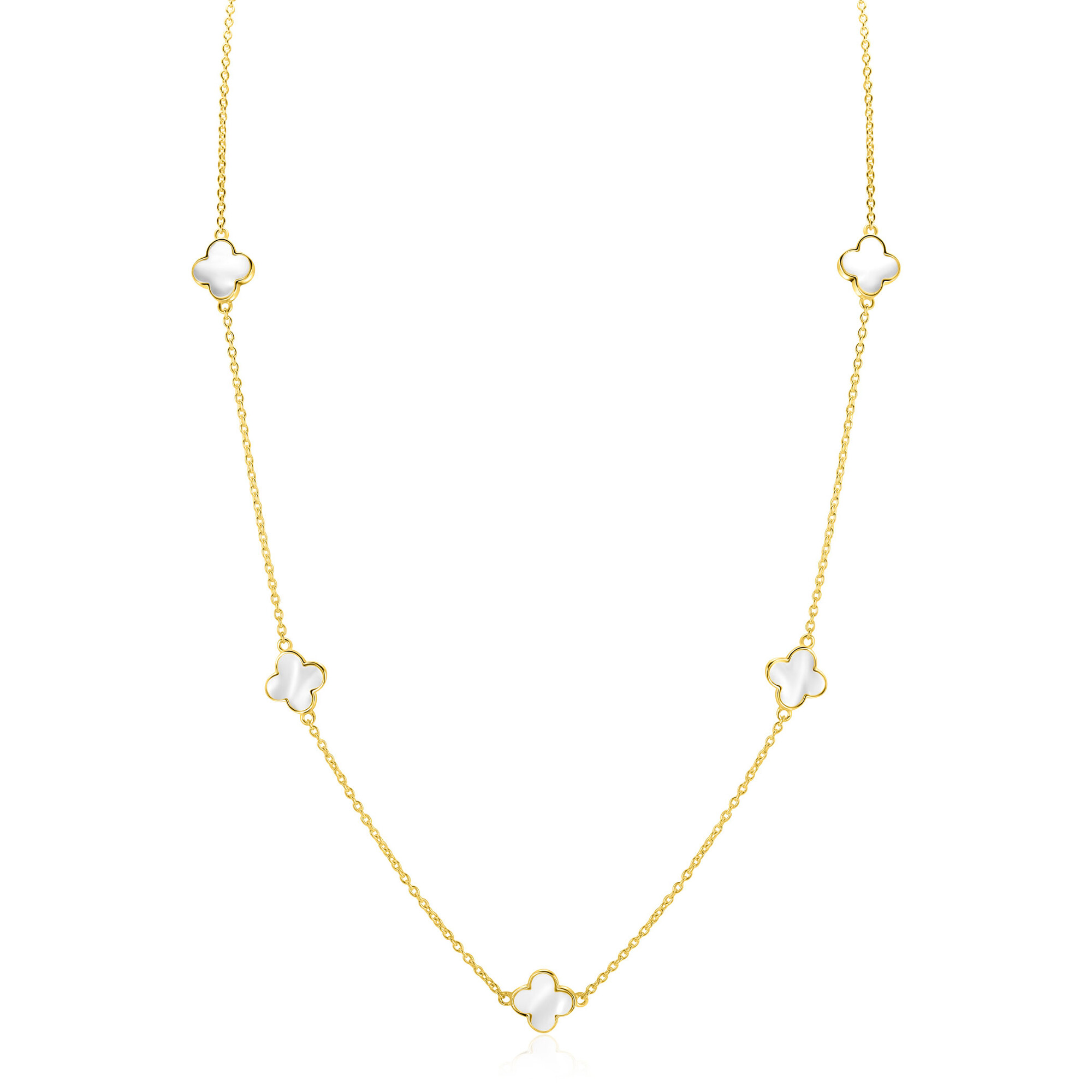 ZINZI zlv. collier gg.verg. met 5 parelmoer klavers