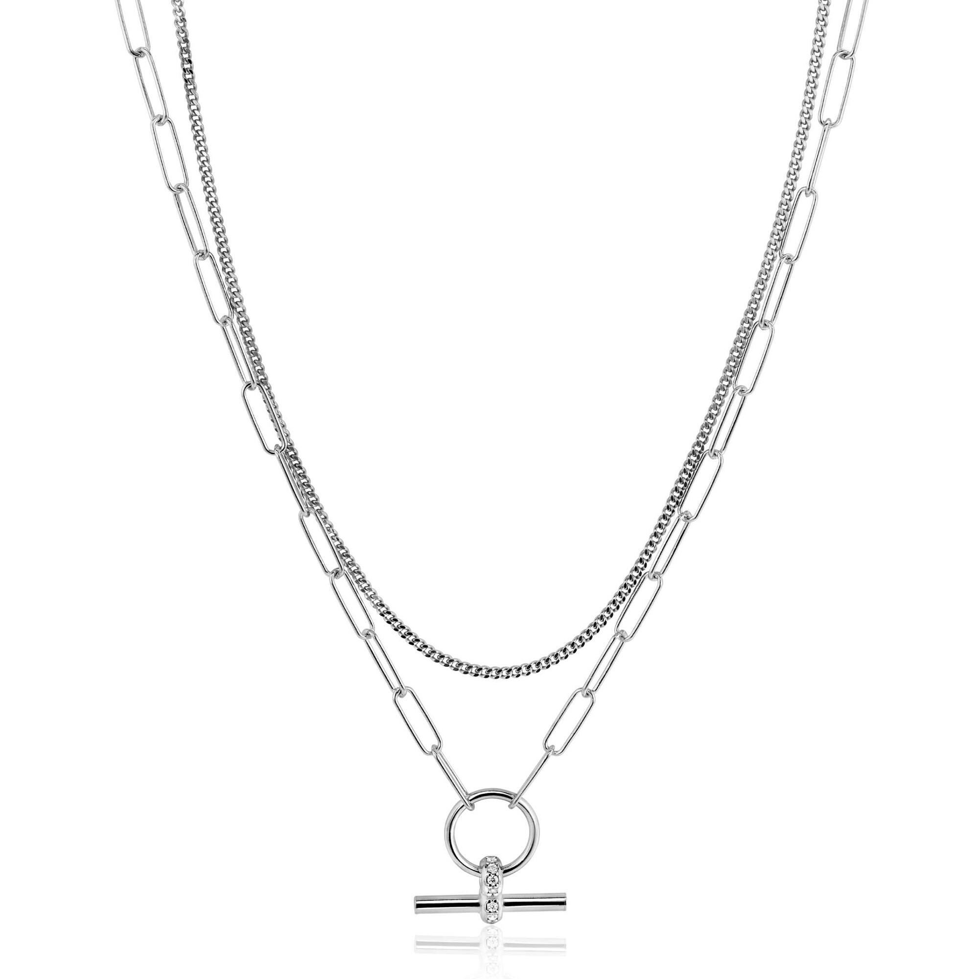 ZINZI zlv. collier dubbel grmt/paperclip T-bar zirc.