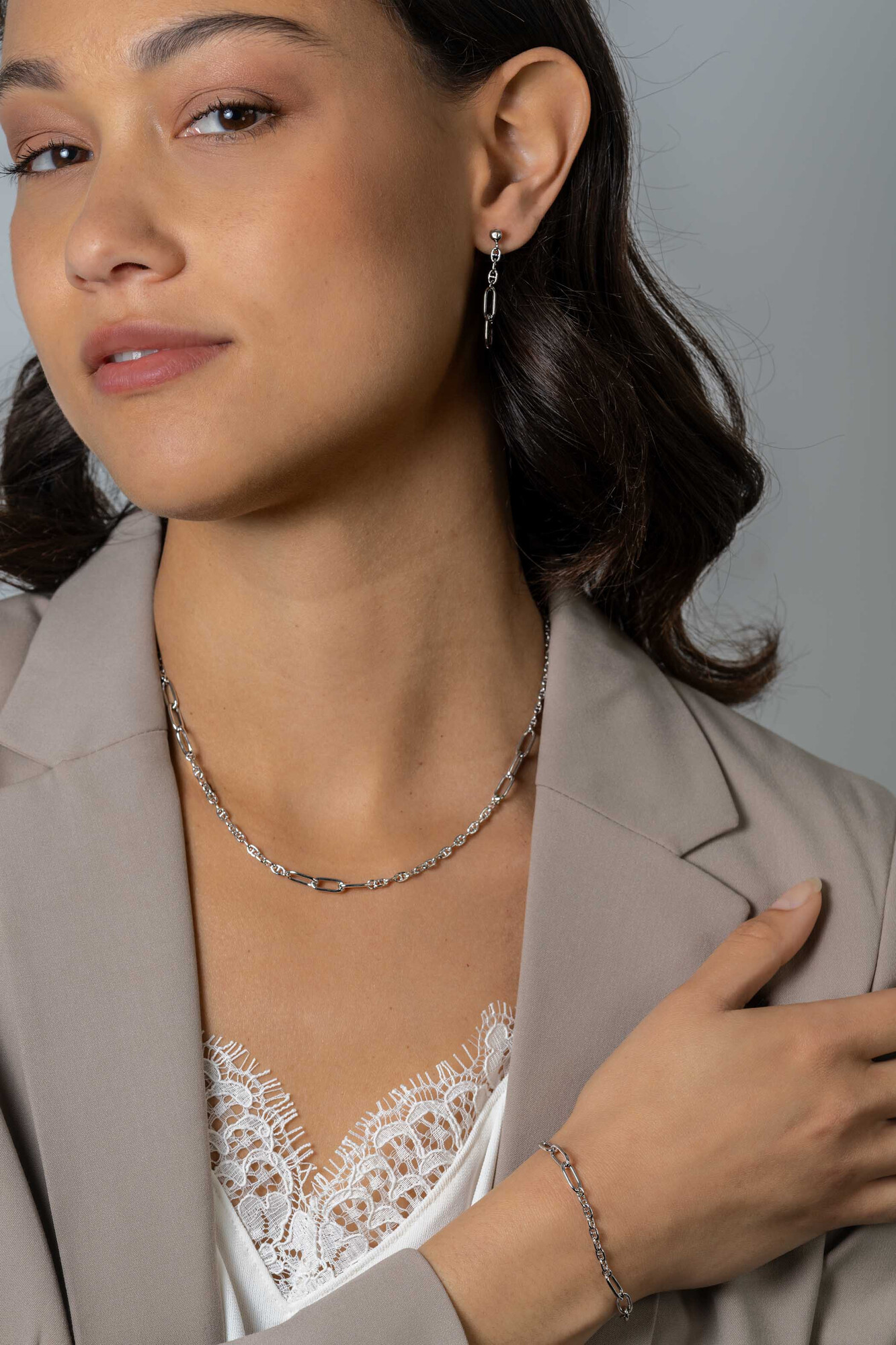 ZINZI zlv. collier fantasie paperclip ertussen 45cm