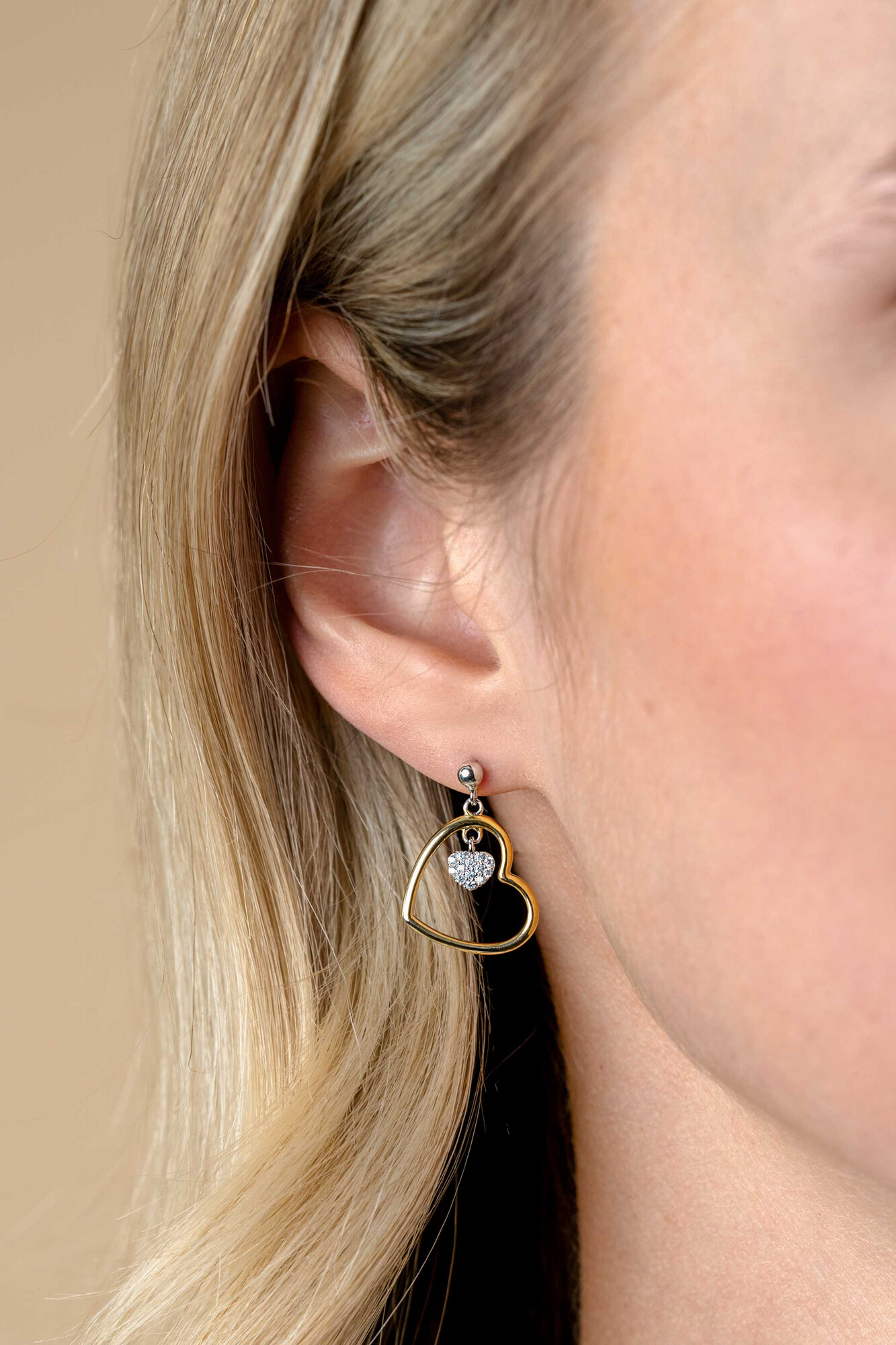 20mm ZINZI vergoldete Silber Ohrstecker offenes Herz 15mm und baumelndes Herz, besetzt mit weißen Zirkonia ZIO2621