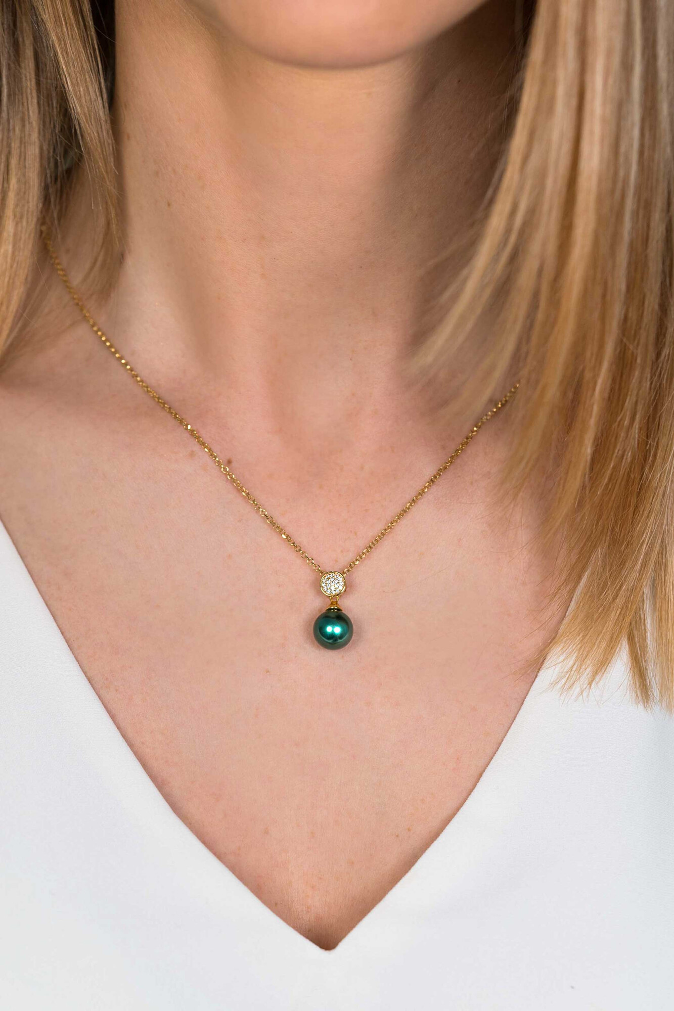 ZINZI silberner Perlenanhänger gelbvergoldet 18mm  weiße Zirkonias grüne Perle ZIH1151GG