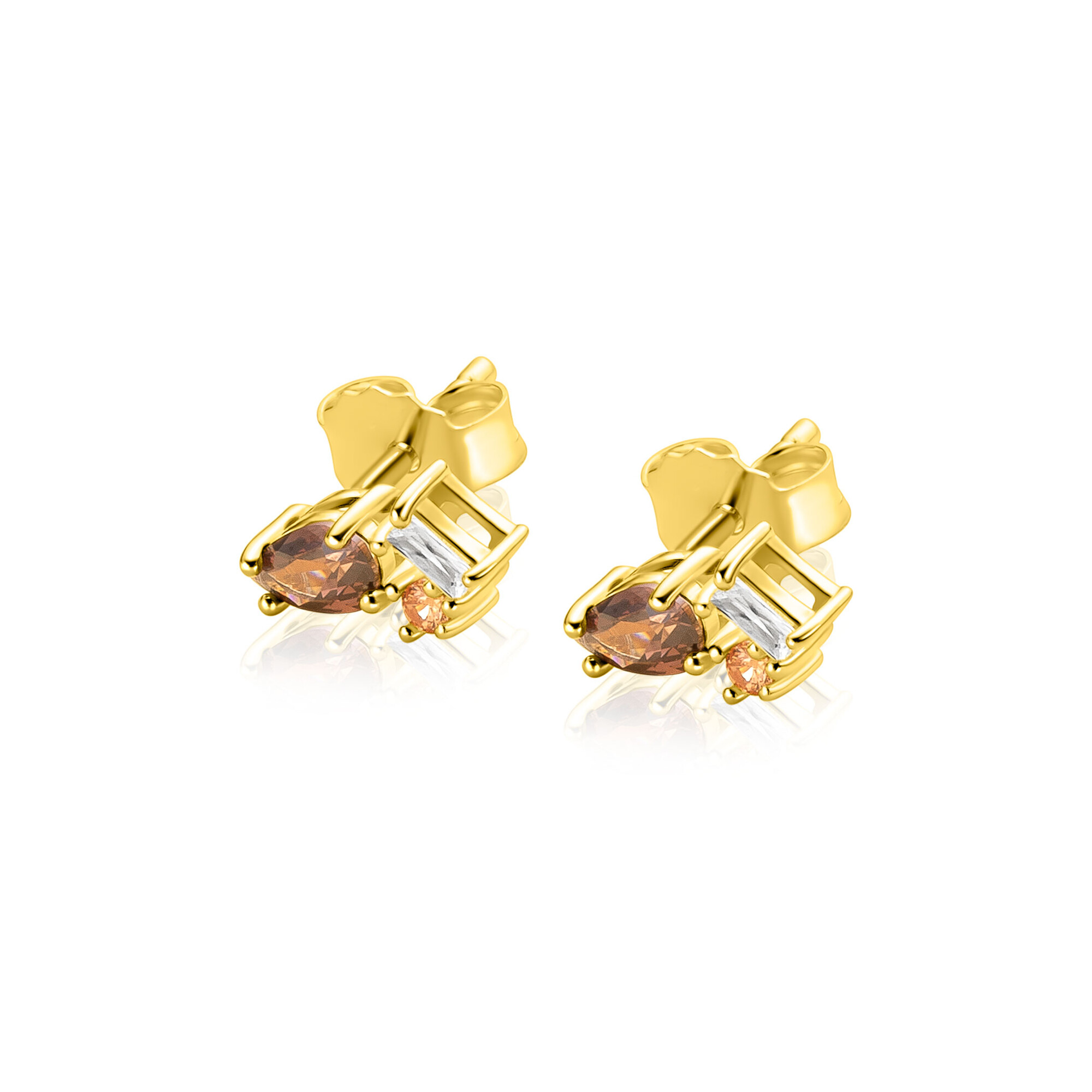 ZINZI zlv. oorknopjes met bruin/champ/wit cz