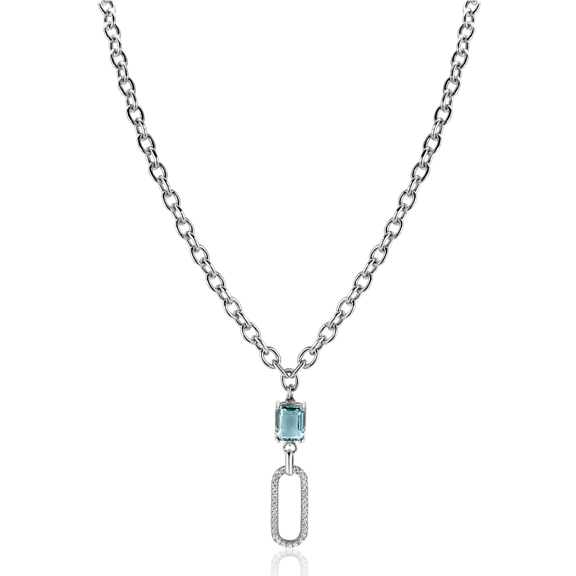 ZINZI zlv. collier/hanger ovale met zirc. en petrol cz