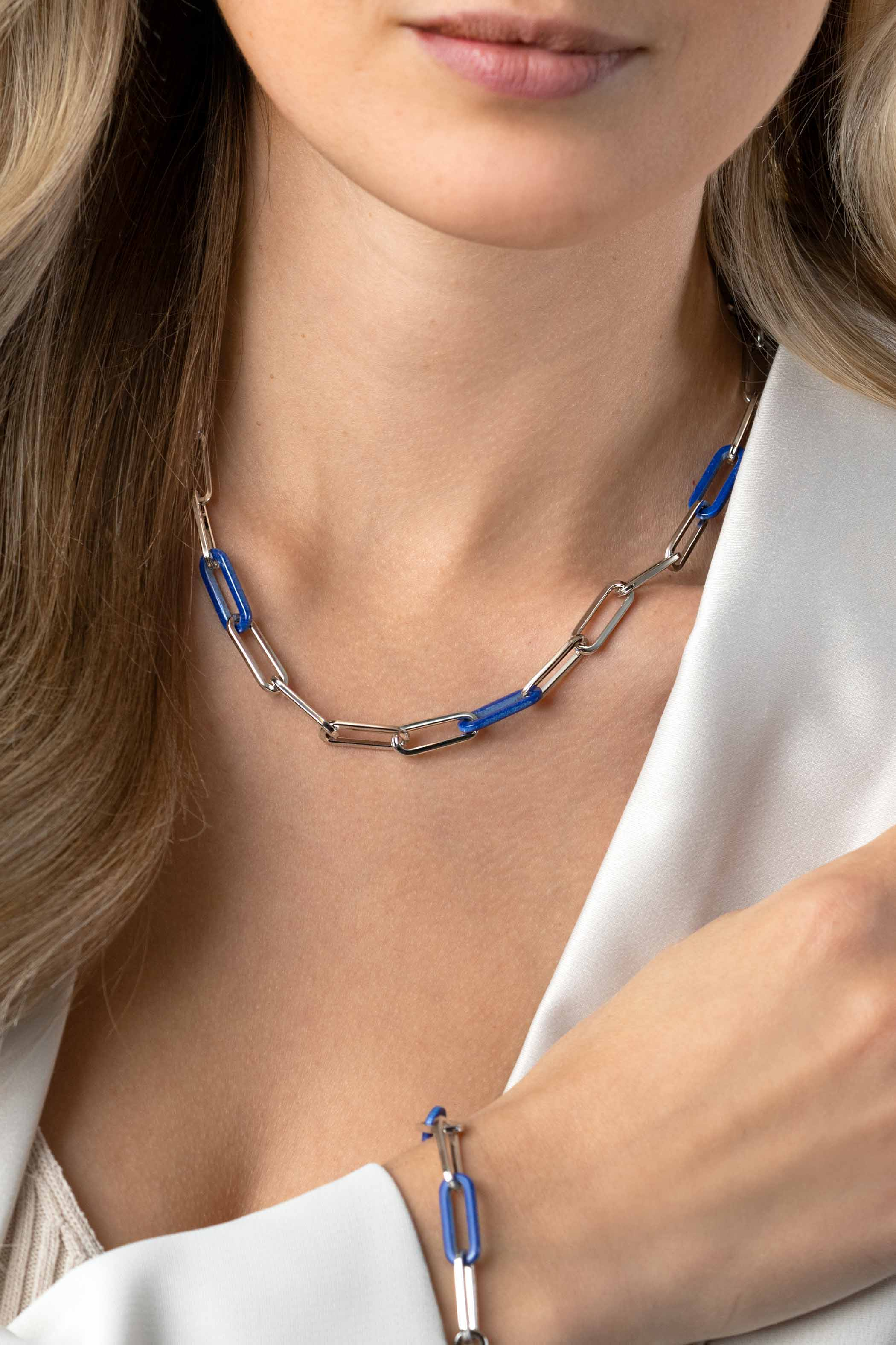 ZINZI zlv. collier paperclip met lapis schakels