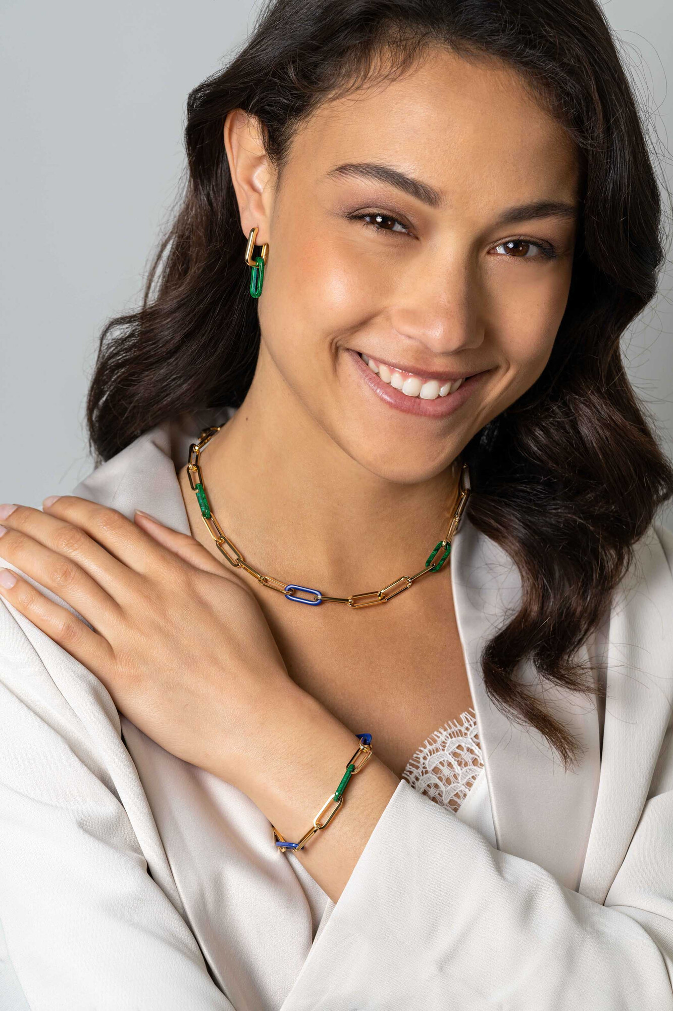 ZINZI zlv. collier gg.verg. paperclip/lapis/malachiet