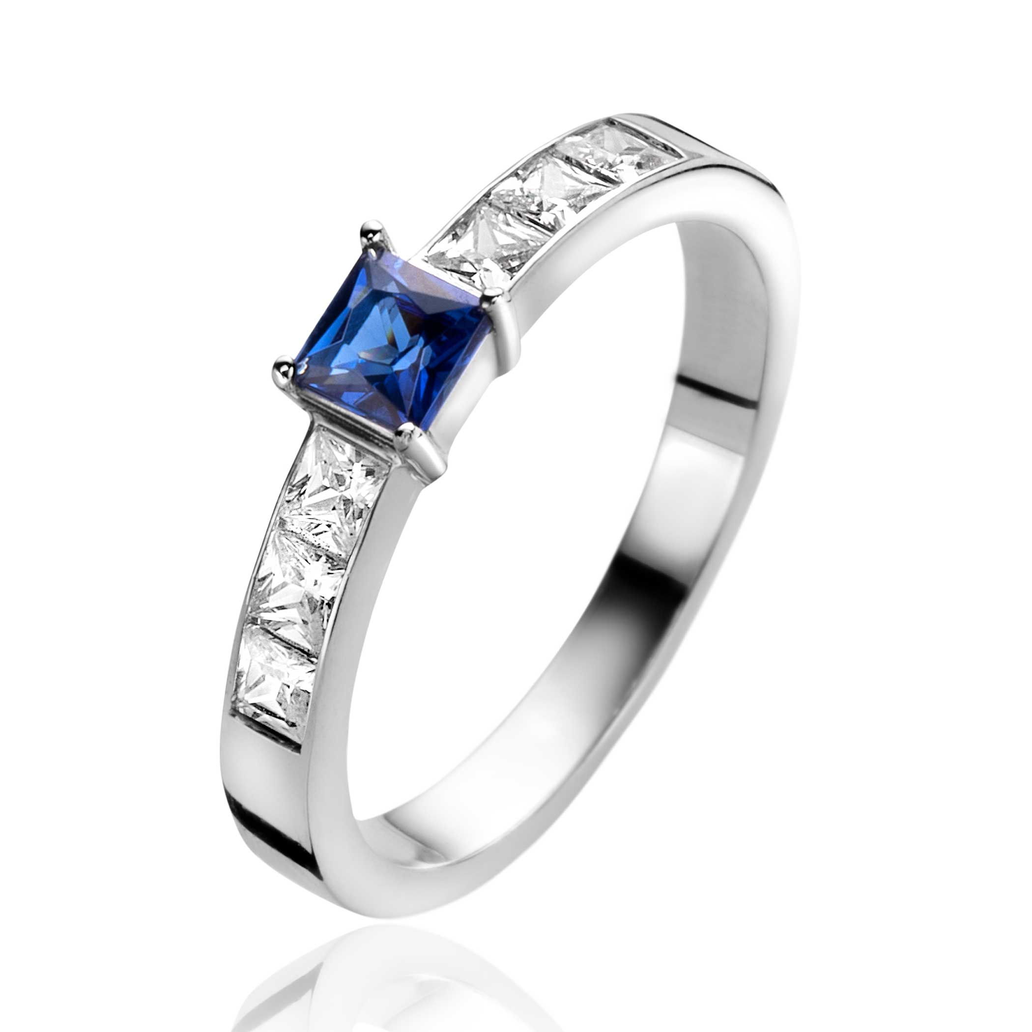 ZINZI zlv. ring prinses blauw en wit zirc. mt.62
