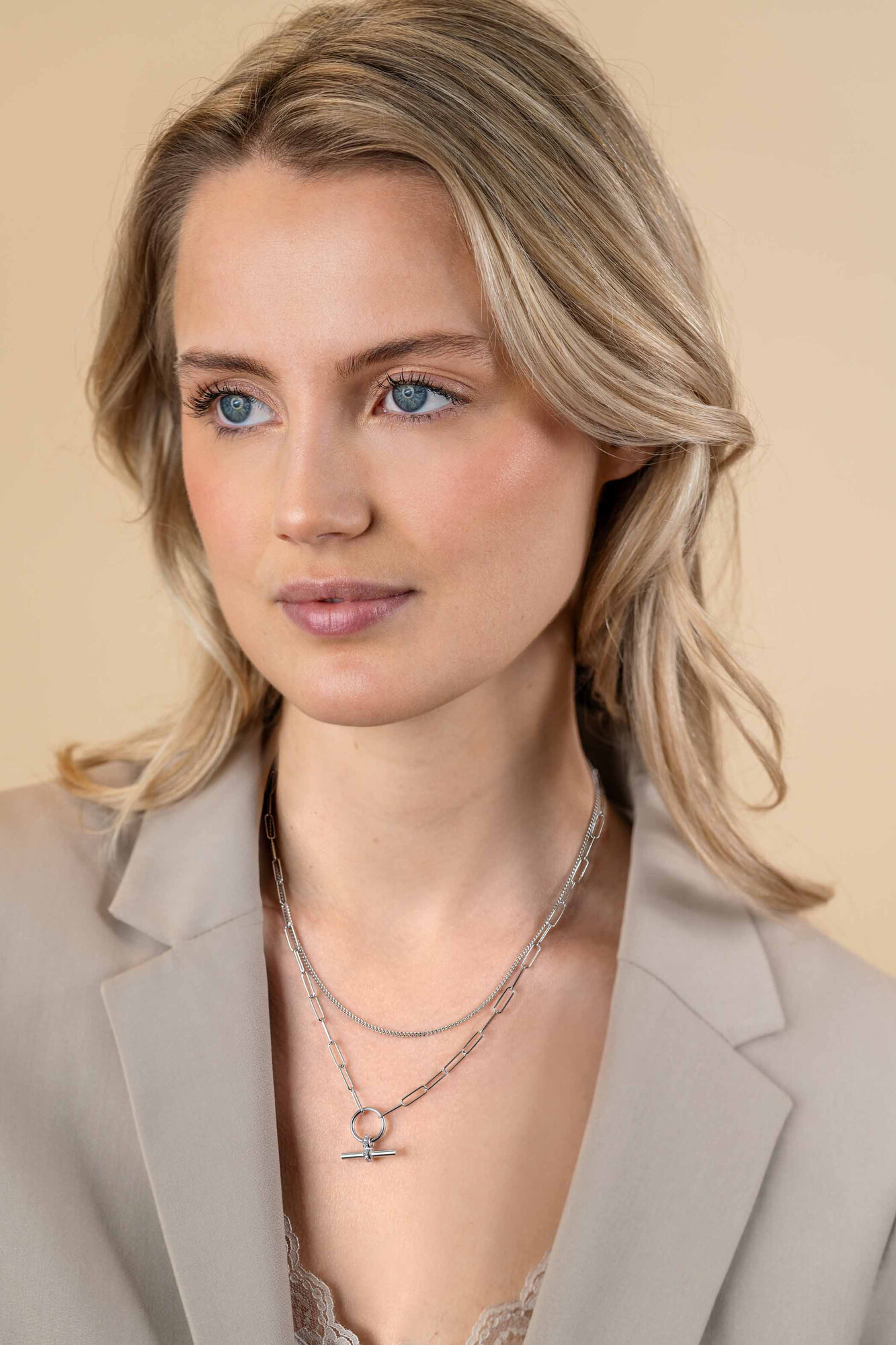 ZINZI zlv. collier dubbel grmt/paperclip T-bar zirc.