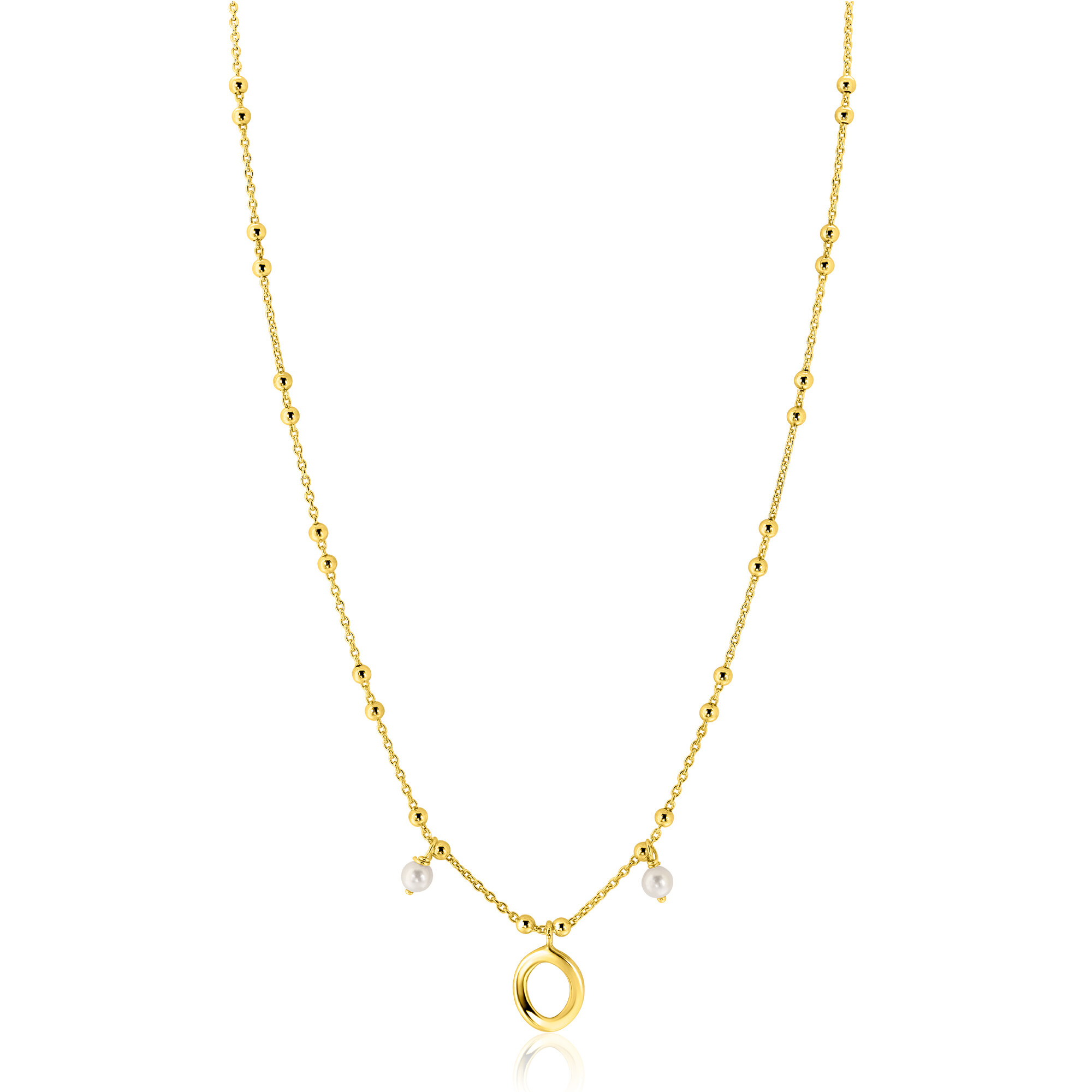 ZINZI zlv. collier gg.verg. met parel en ovale hangers