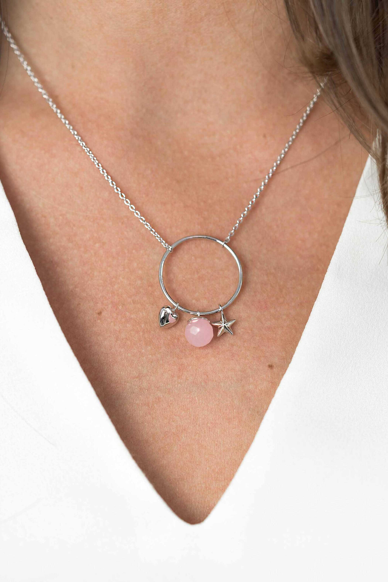 ZINZI silberne Kette Herz rund Stern rosa45cm ZIC1878