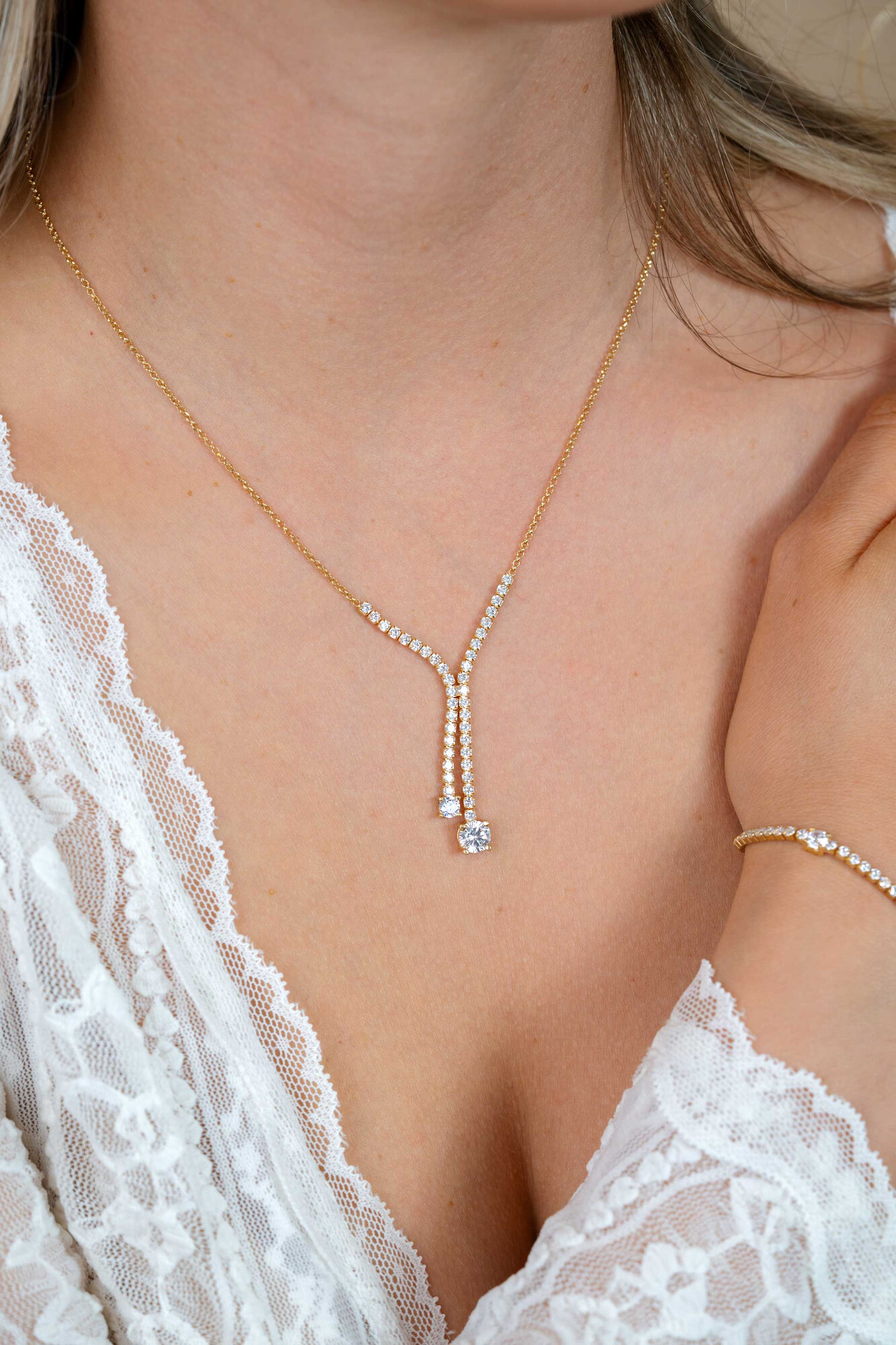 ZINZI zlv. Y-collier gg.verg. met zirconia's