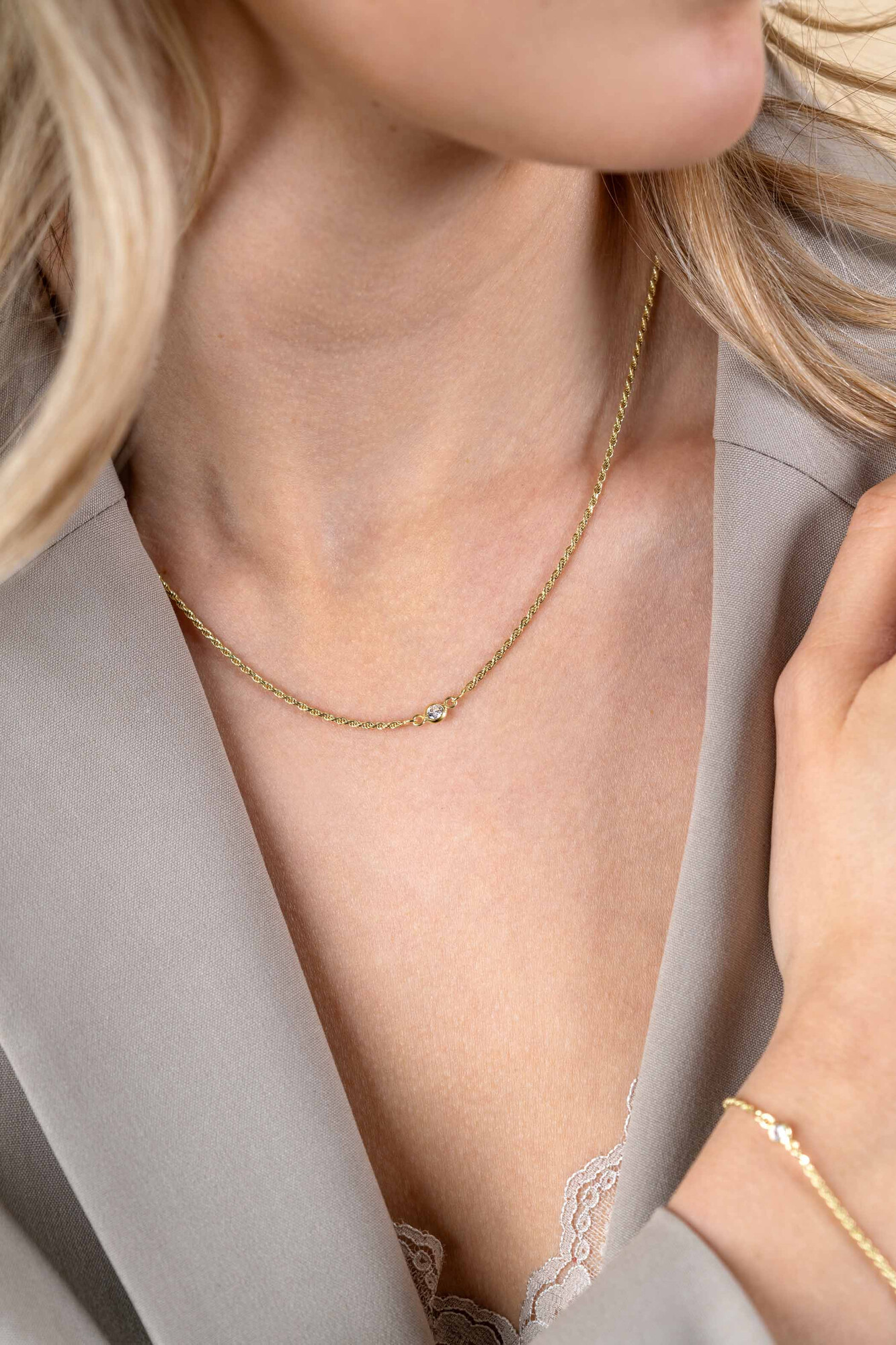 ZINZI zlv. collier gg.verg. koord met ronde zirconia