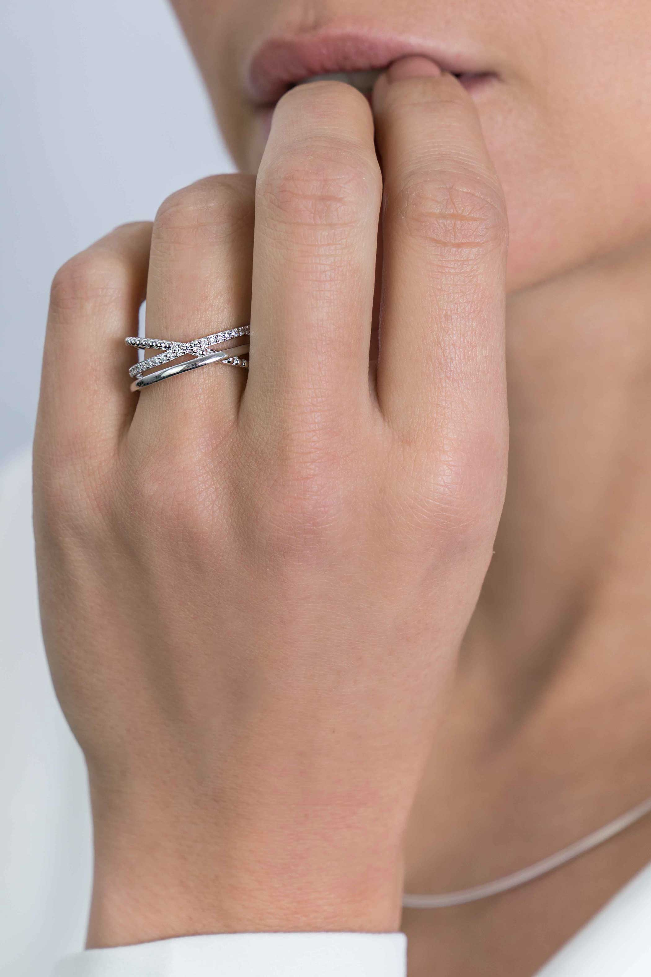 ZINZI silberner Luxus Crossover Ring Kugeln glatte weiße Zirkonia  ZIR2141