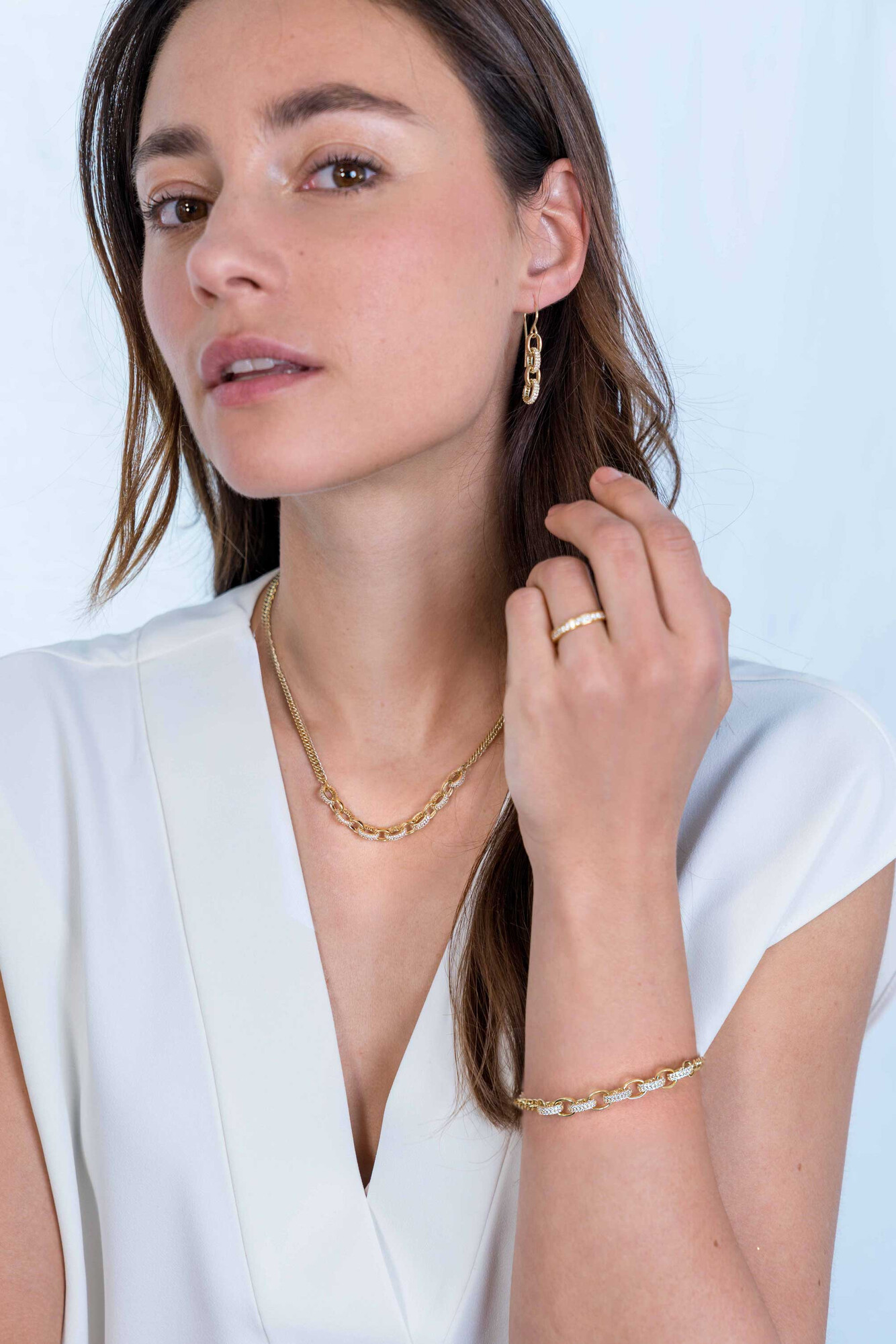 ZINZI silberne Gourmet Halskette 14K gelb vergoldet grobe ovale Glieder  weiße Zirkonia 45cm ZIC2203Y