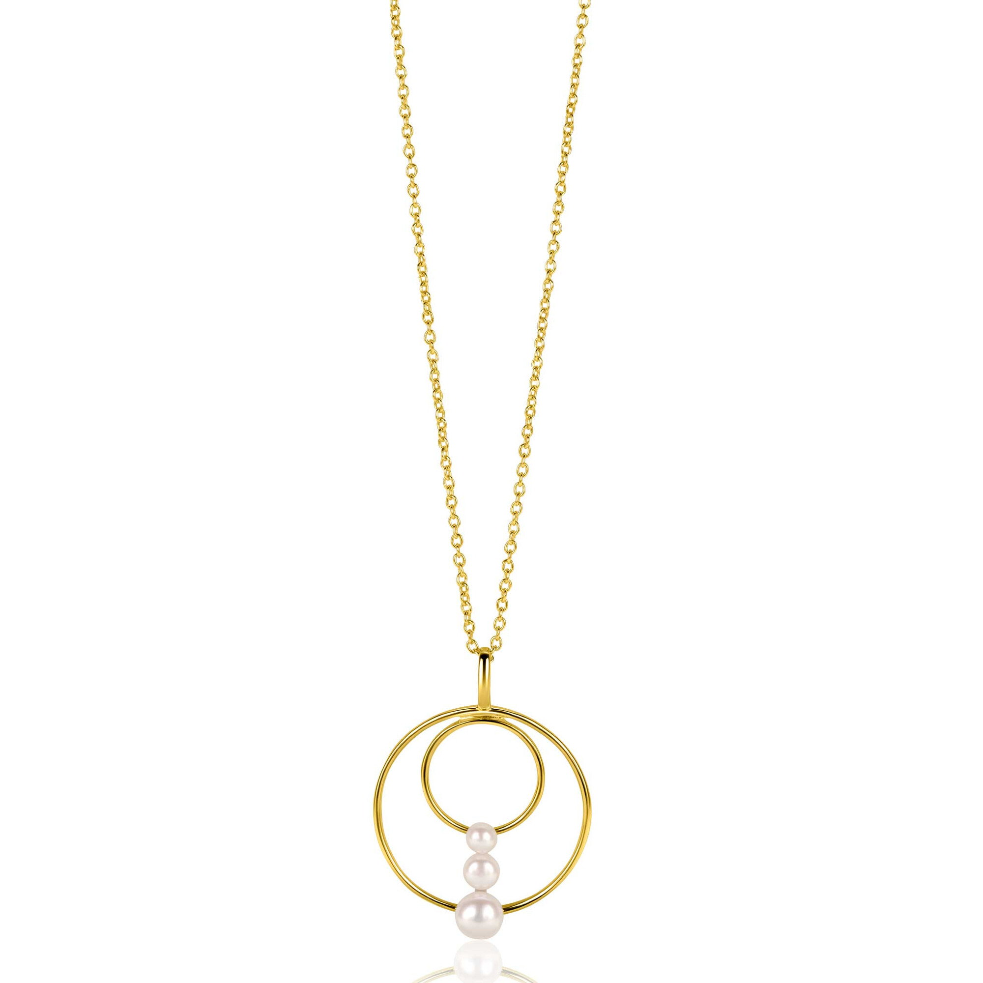 34mm ZINZI vergoldeter runder Silber Fantasie-Anhänger, besetzt mit drei runden weißen Süßwasserperlen ZIH2616 (ohne Kette)