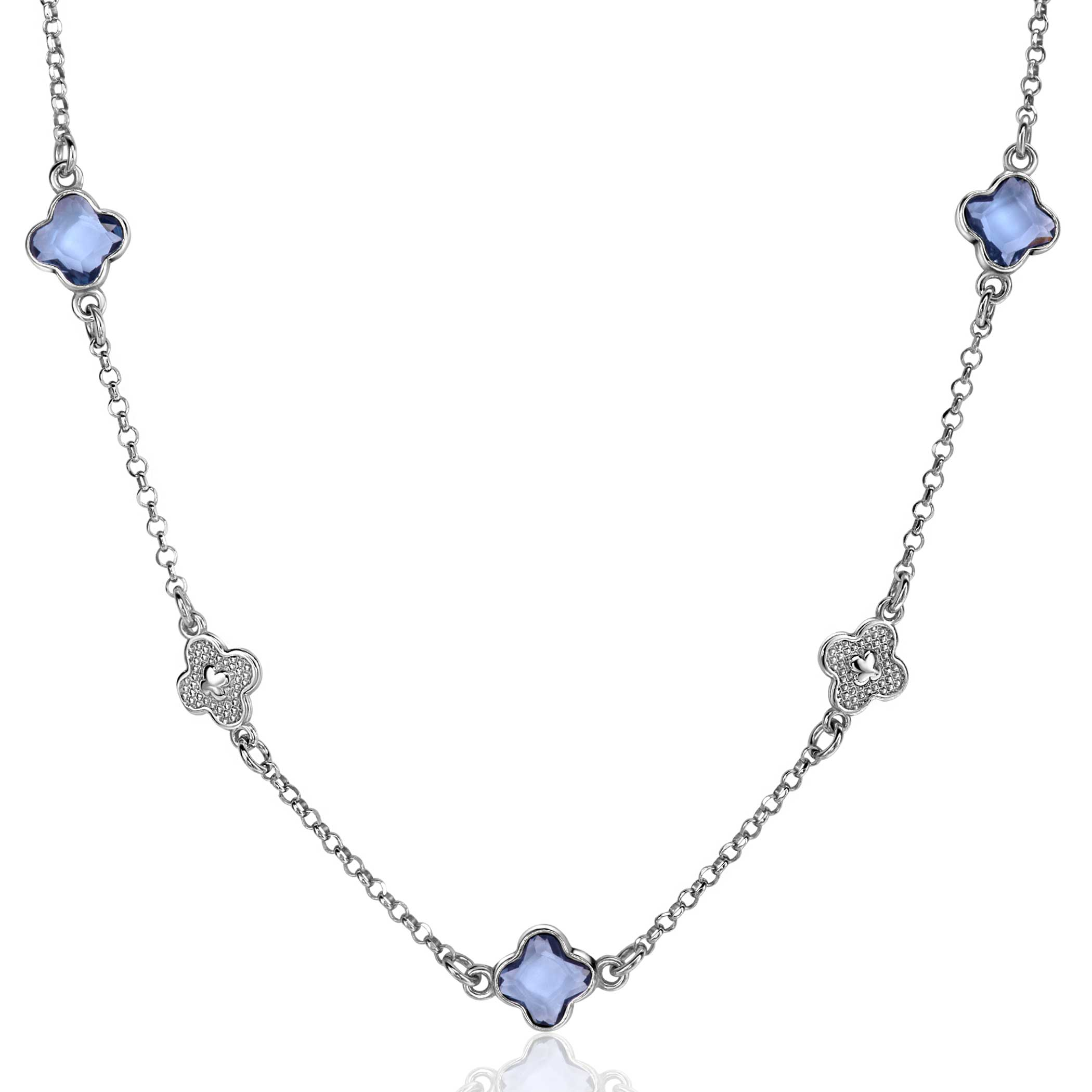 ZINZI zlv. collier met klaver blauw zric.