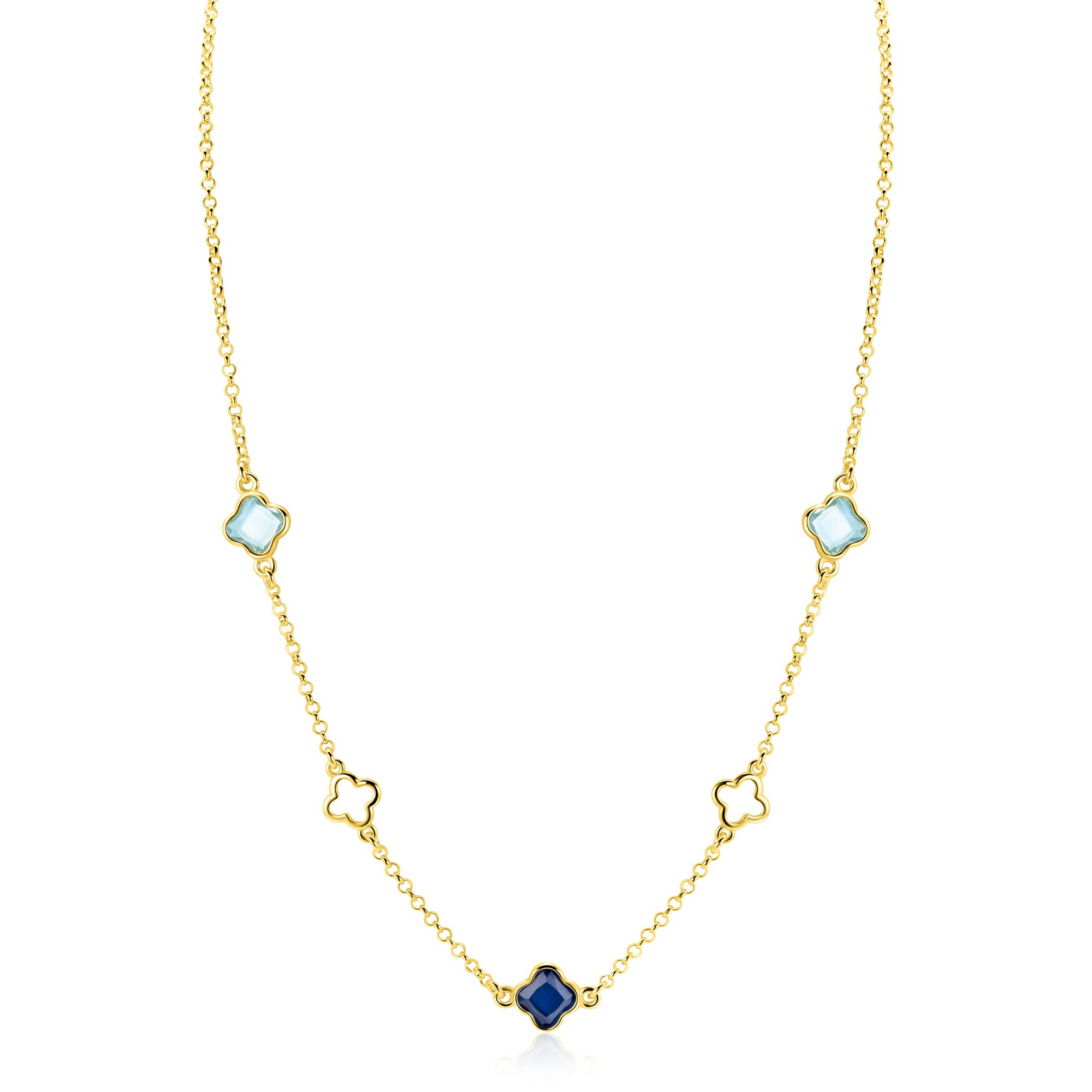 ZINZI zlv. collier gg.verg.met klavers blauw tinten