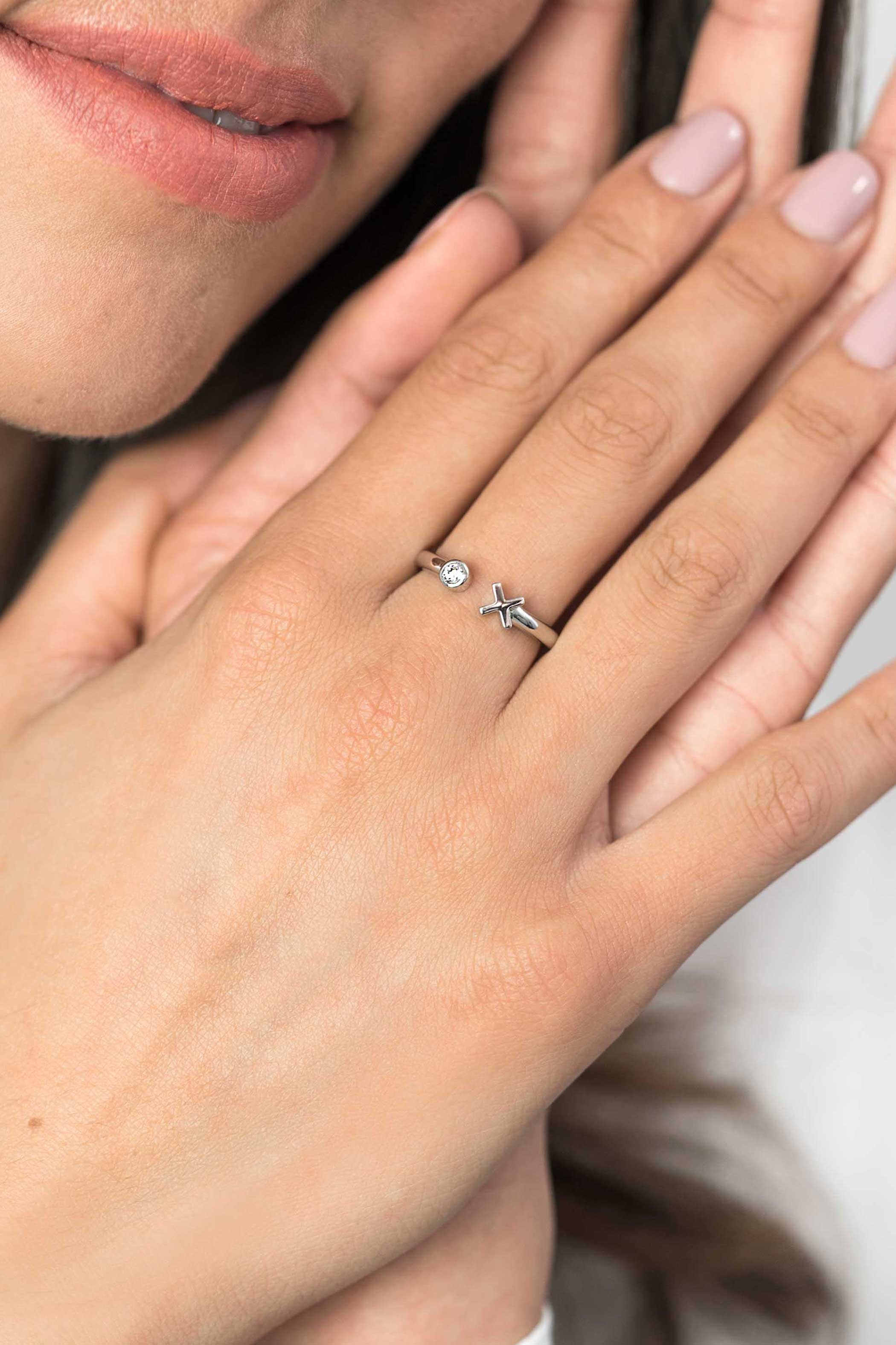 ZINZI silberner offener Ring Kreuz rund weiß ZIR1821