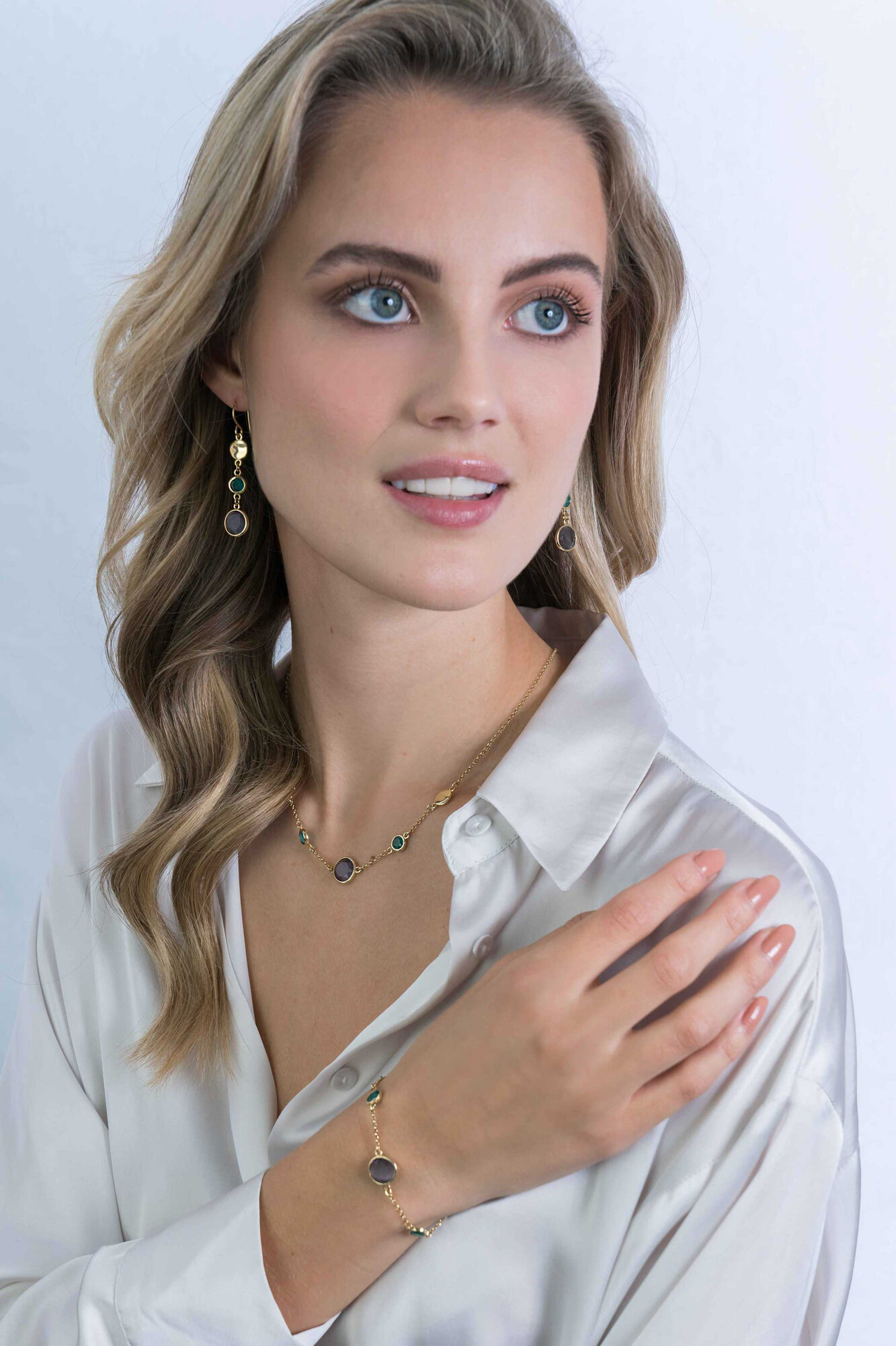 ZINZI silberne Ohrhänger 14K gelb vergoldet 50mm runde Formen grün grau ZIO2108