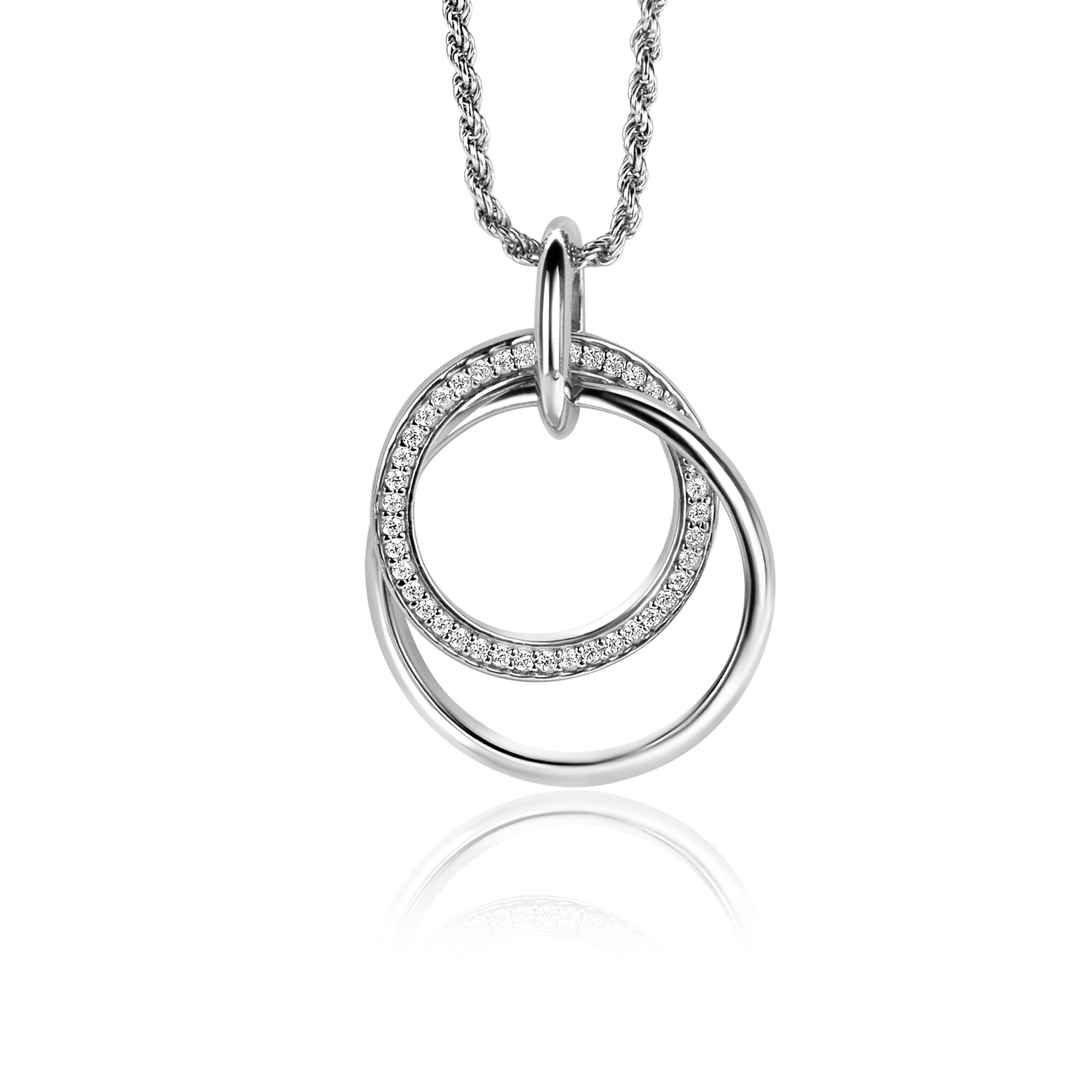 ZINZI zlv. hanger 2 rondjes in elkaar 1x zirconia's