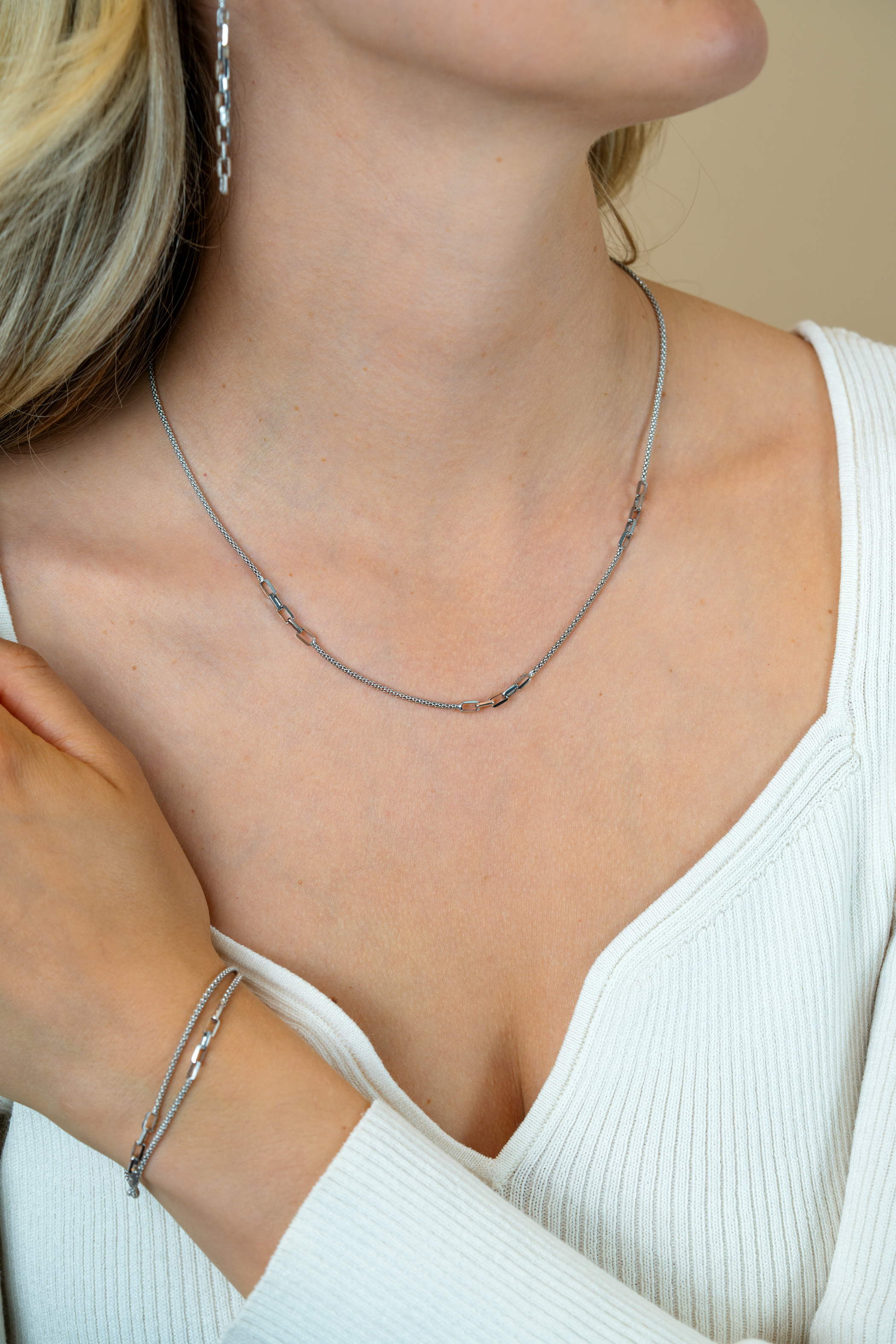 ZINZI zlv. collier popcorn en schakels 45-48cm