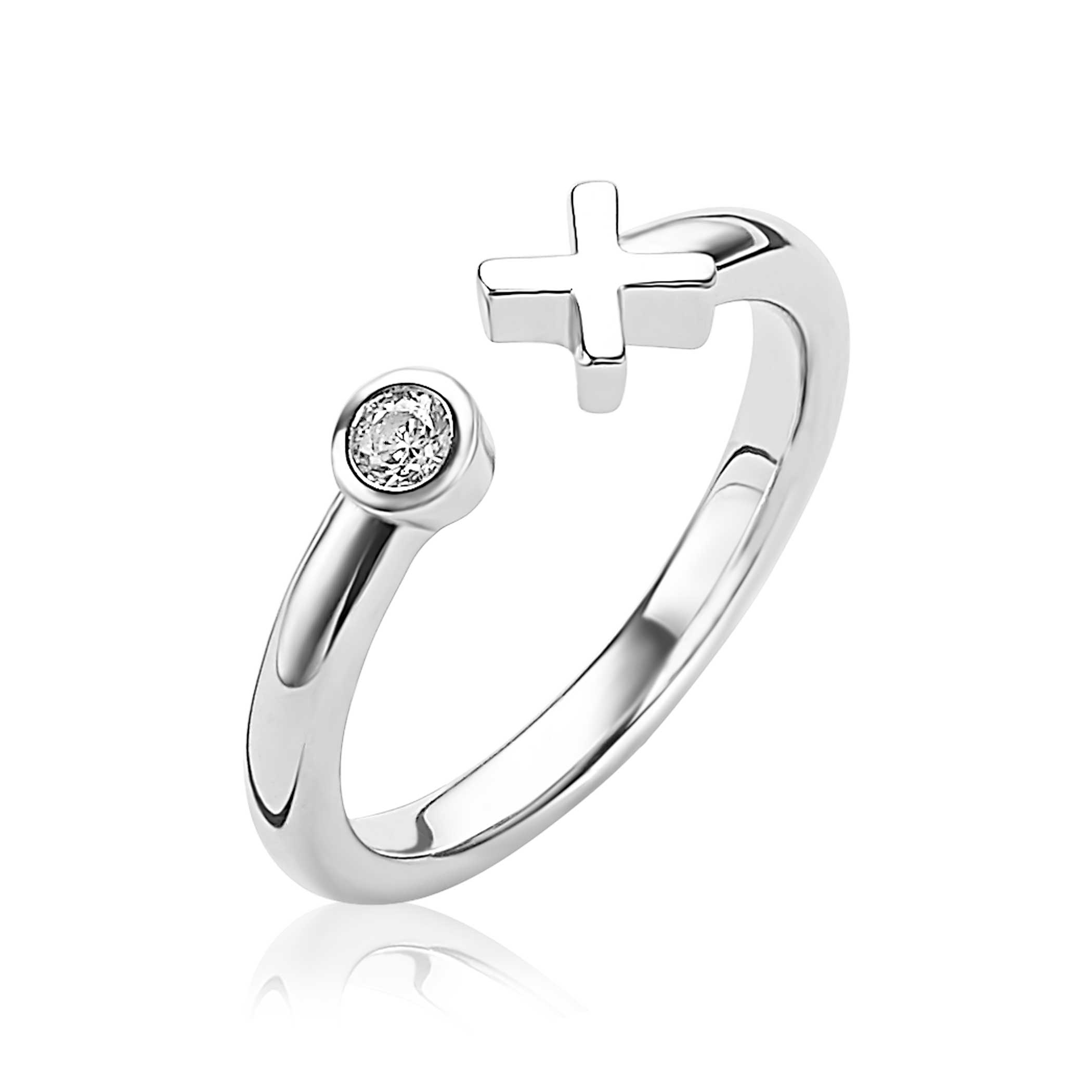 ZINZI silberner offener Ring Kreuz rund weiß ZIR1821