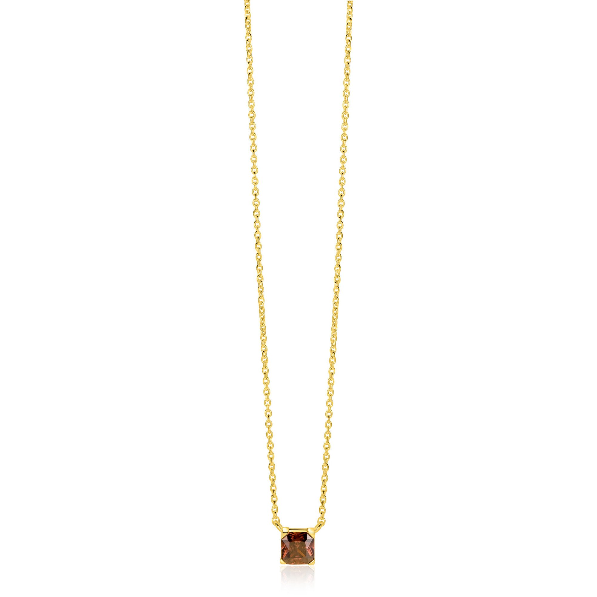 ZINZI zlv. collier gg.verg. met bruine vierkante steen