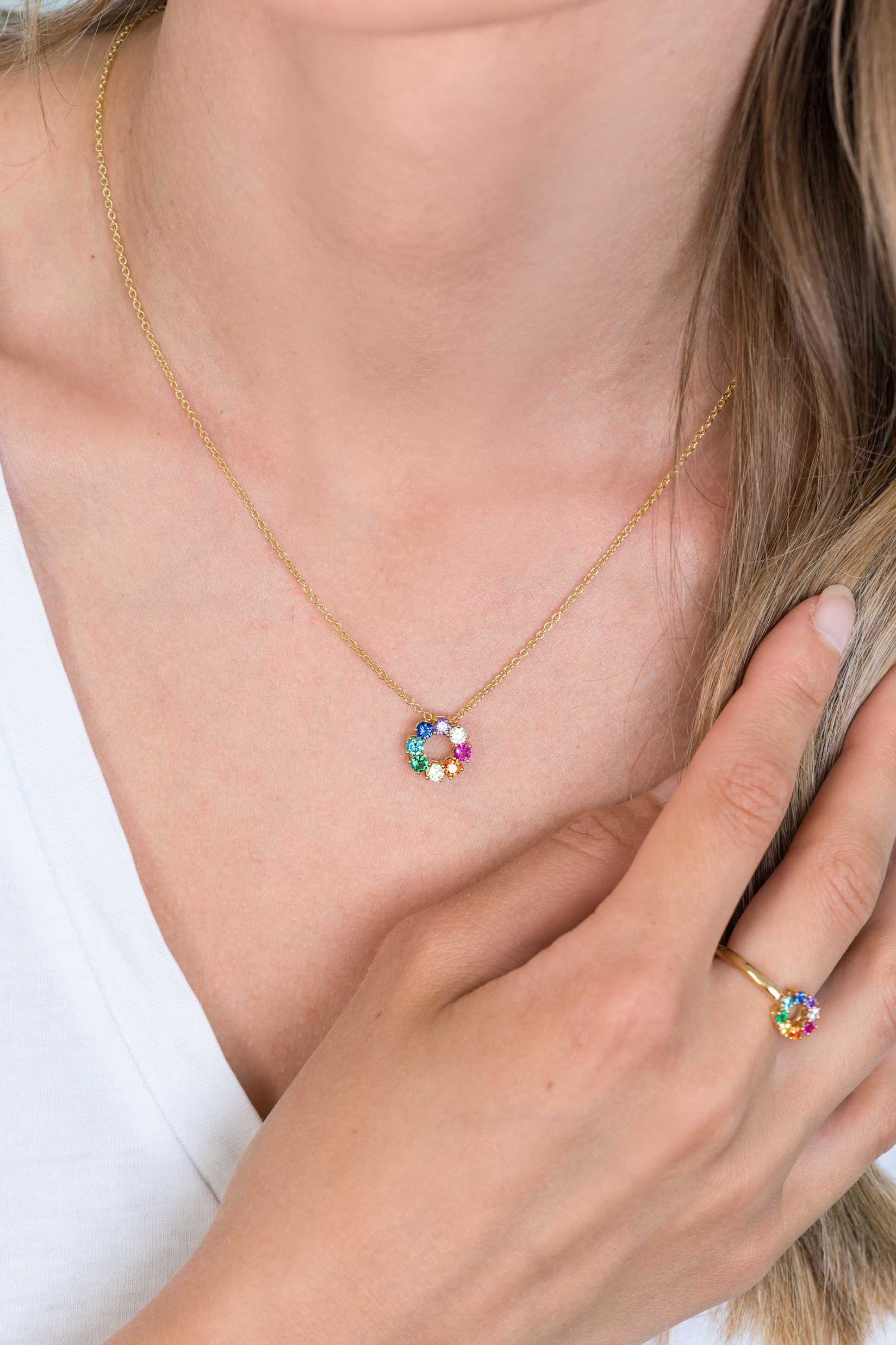 ZINZI Silberhalskette 14 Karat Gelbgold vergoldet 12 mm runder Anhänger Regenbogen ZIC2172