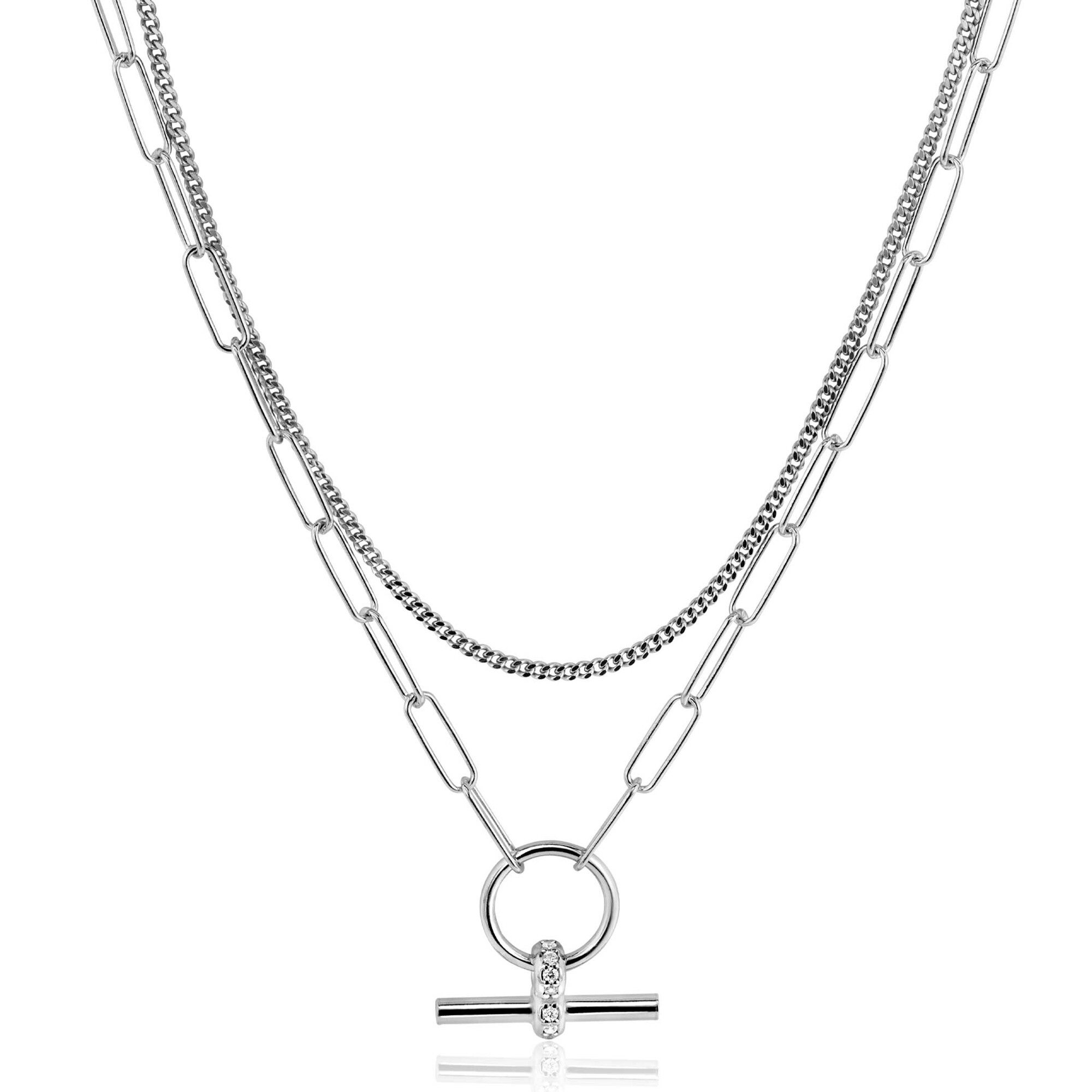 ZINZI zlv. collier dubbel grmt/paperclip T-bar zirc.