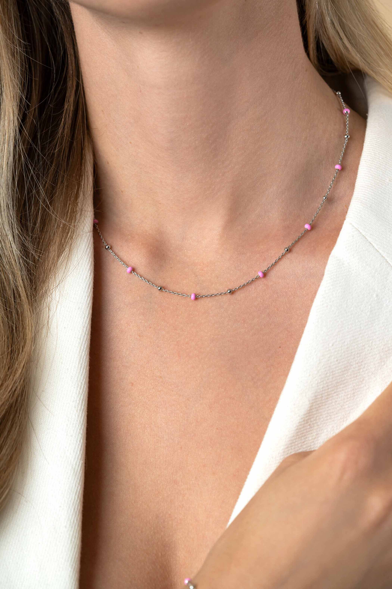 ZINZI zlv. collier met zlv.en roze bolletjes