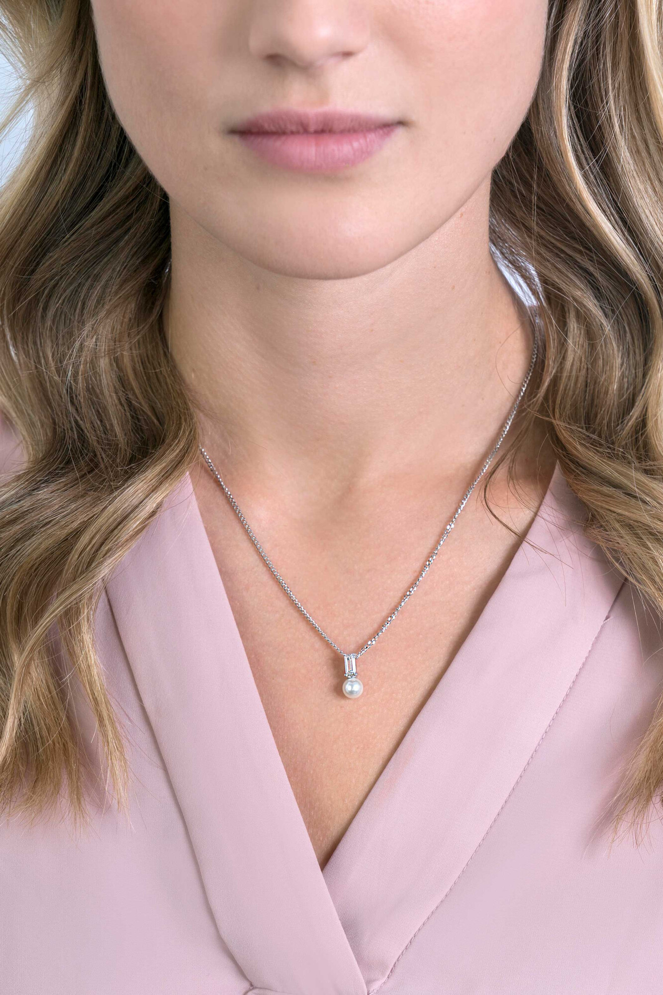 ZINZI silberner  weißer Perlenanhänger mit weißem Zirkonia im Baguetteschliff ZIH2135