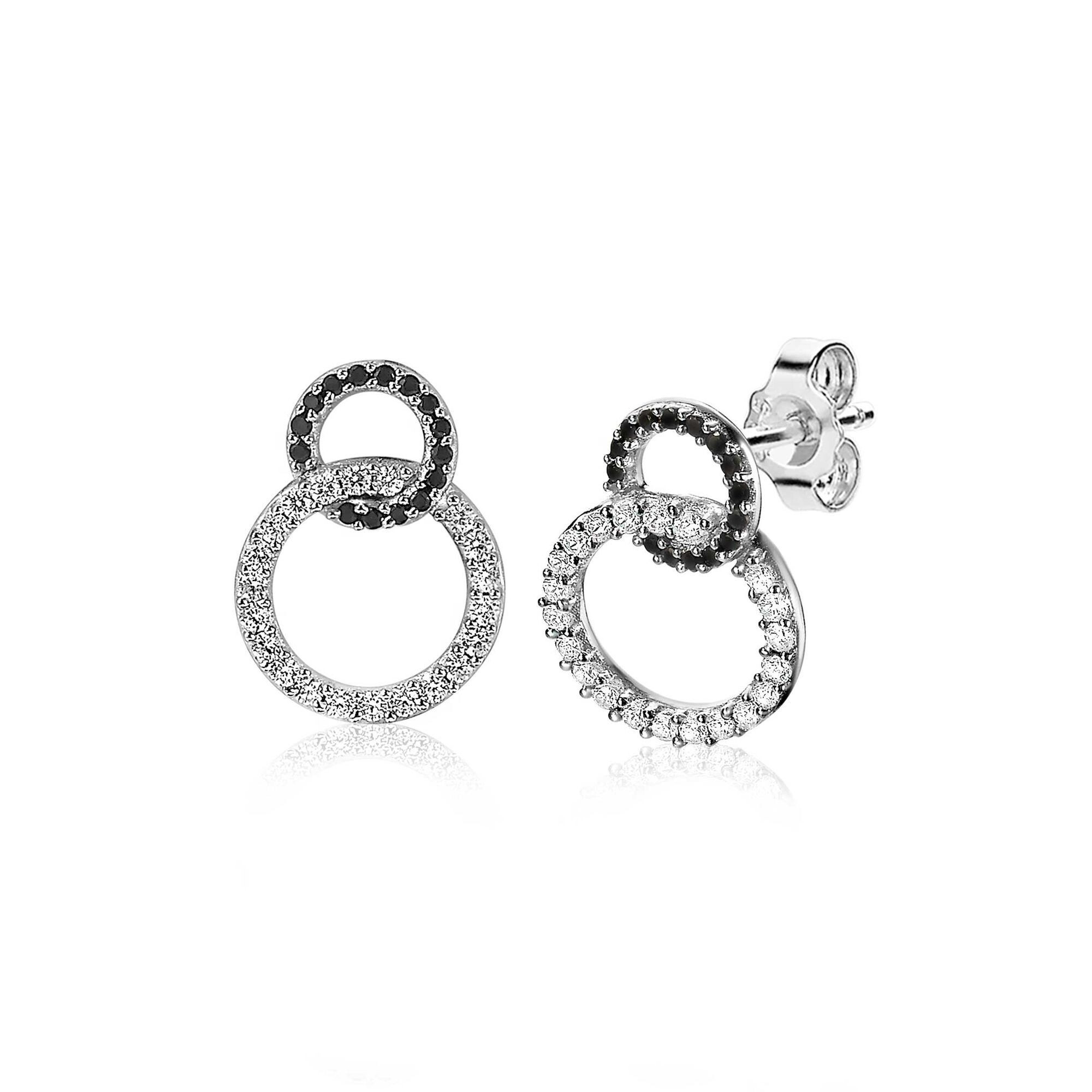 ZINZI silberne Ohrstecker zwei Kreise schwarze und  weiße Zirkonias ZIO1987