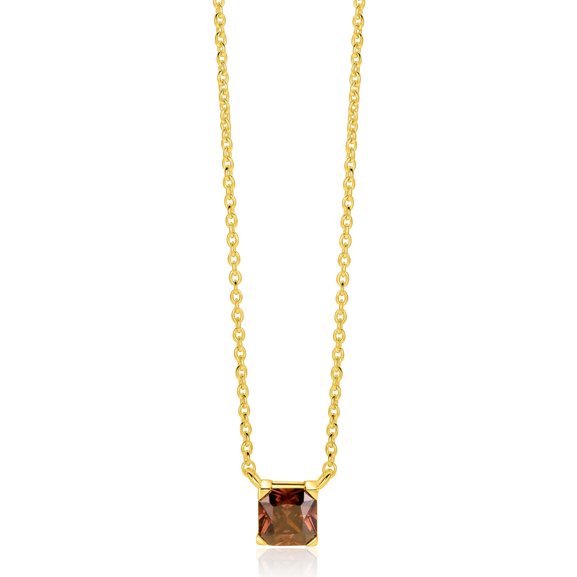 ZINZI zlv. collier gg.verg. met bruine vierkante steen