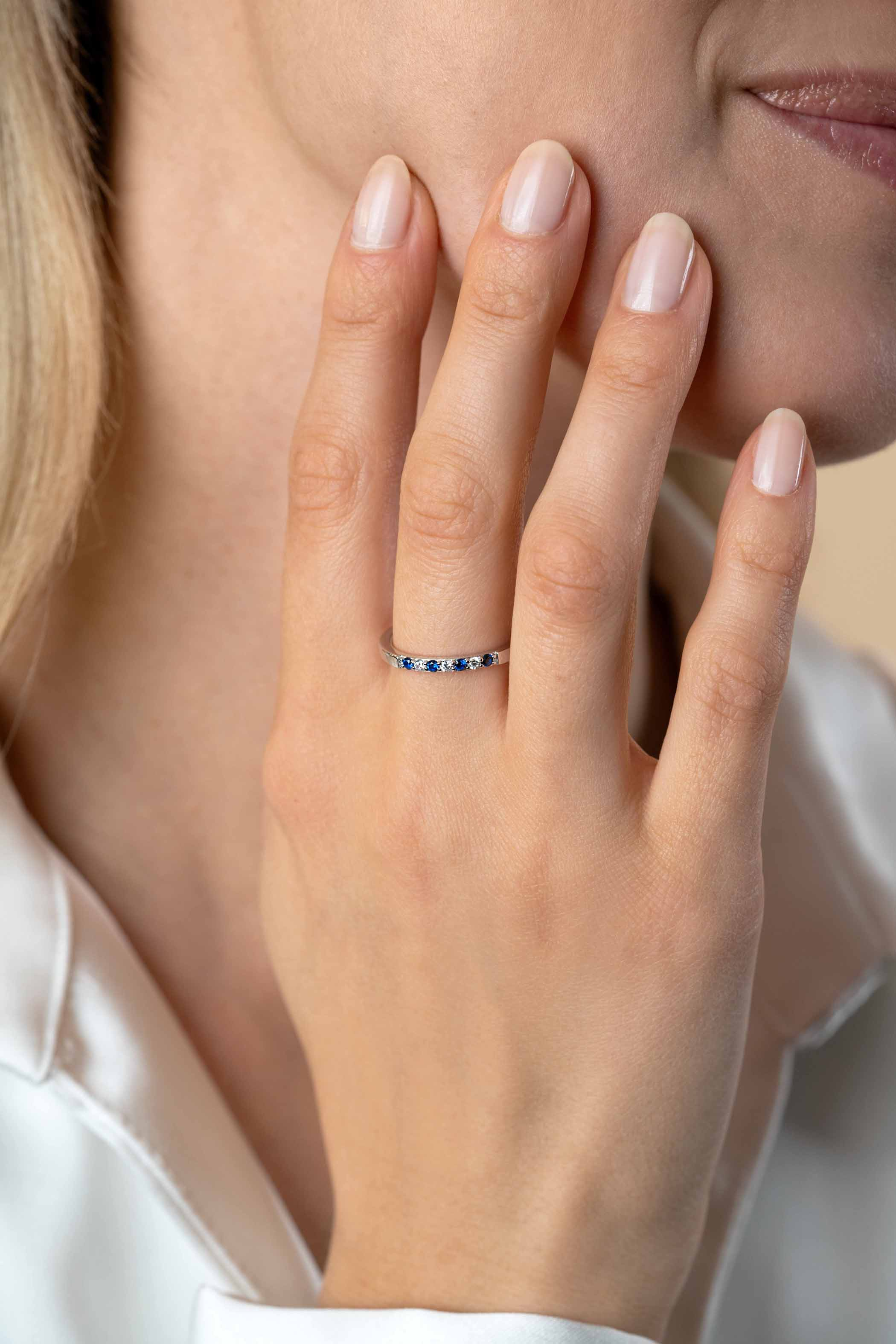 ZINZI zlv. aanschuifring blauw en wit zirc.mt.50