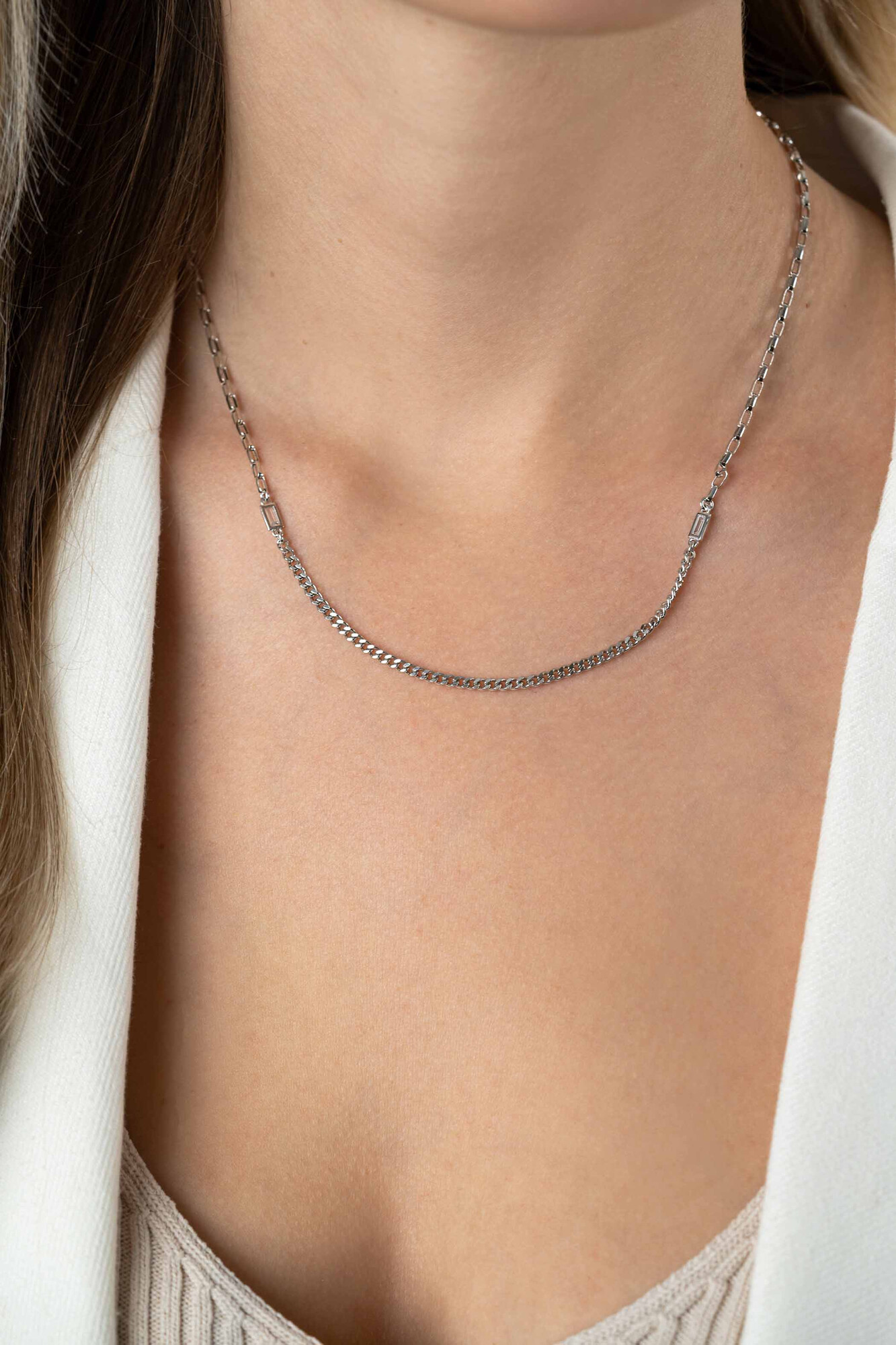 ZINZI zlv. collier grmt/paperclip met baq.zirc.