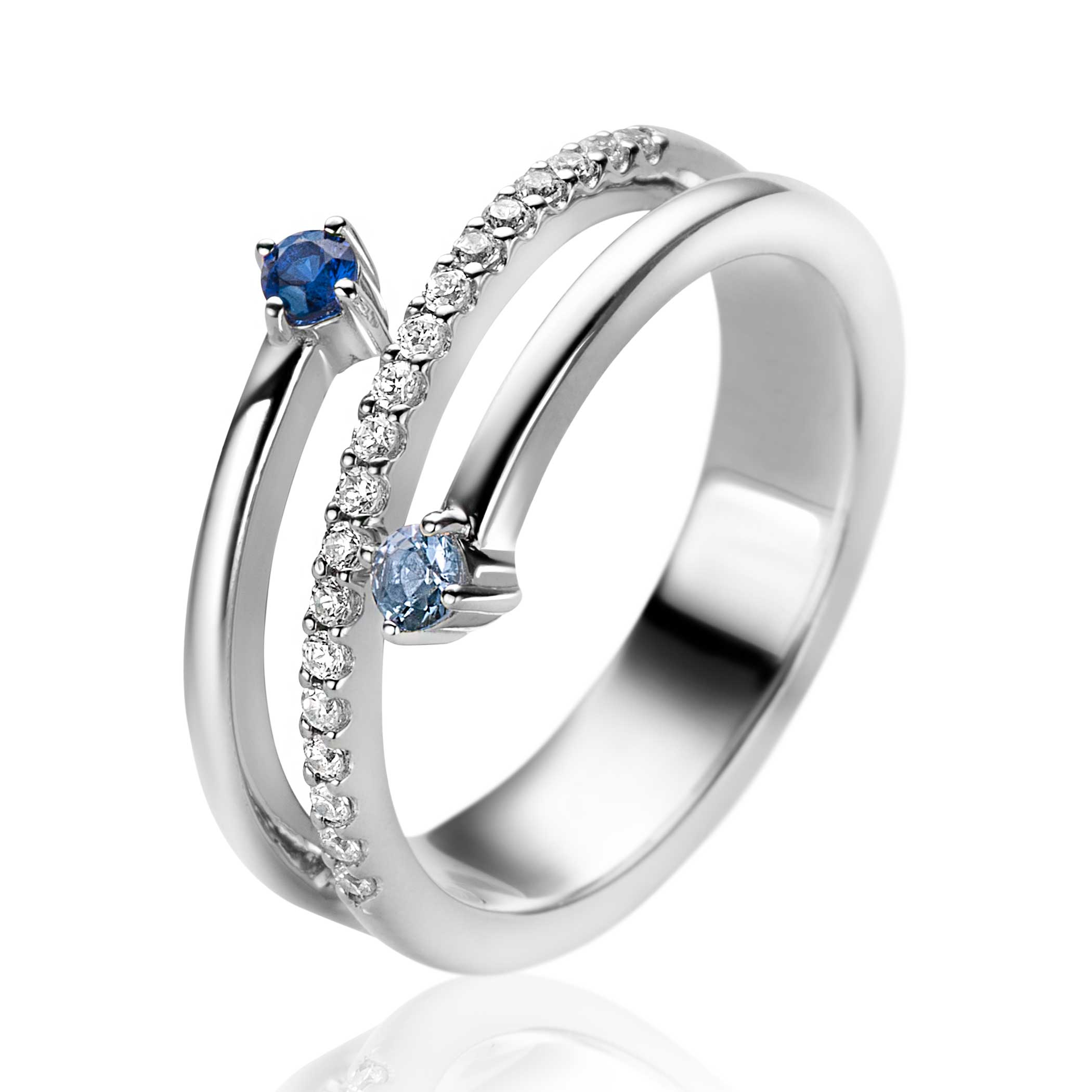 ZINZI silberner Multi-Look-Ring (9mm breit) mit 3 Reihen, besetzt mit blauen Steinen und weißen Zirkonia ZIR2646B