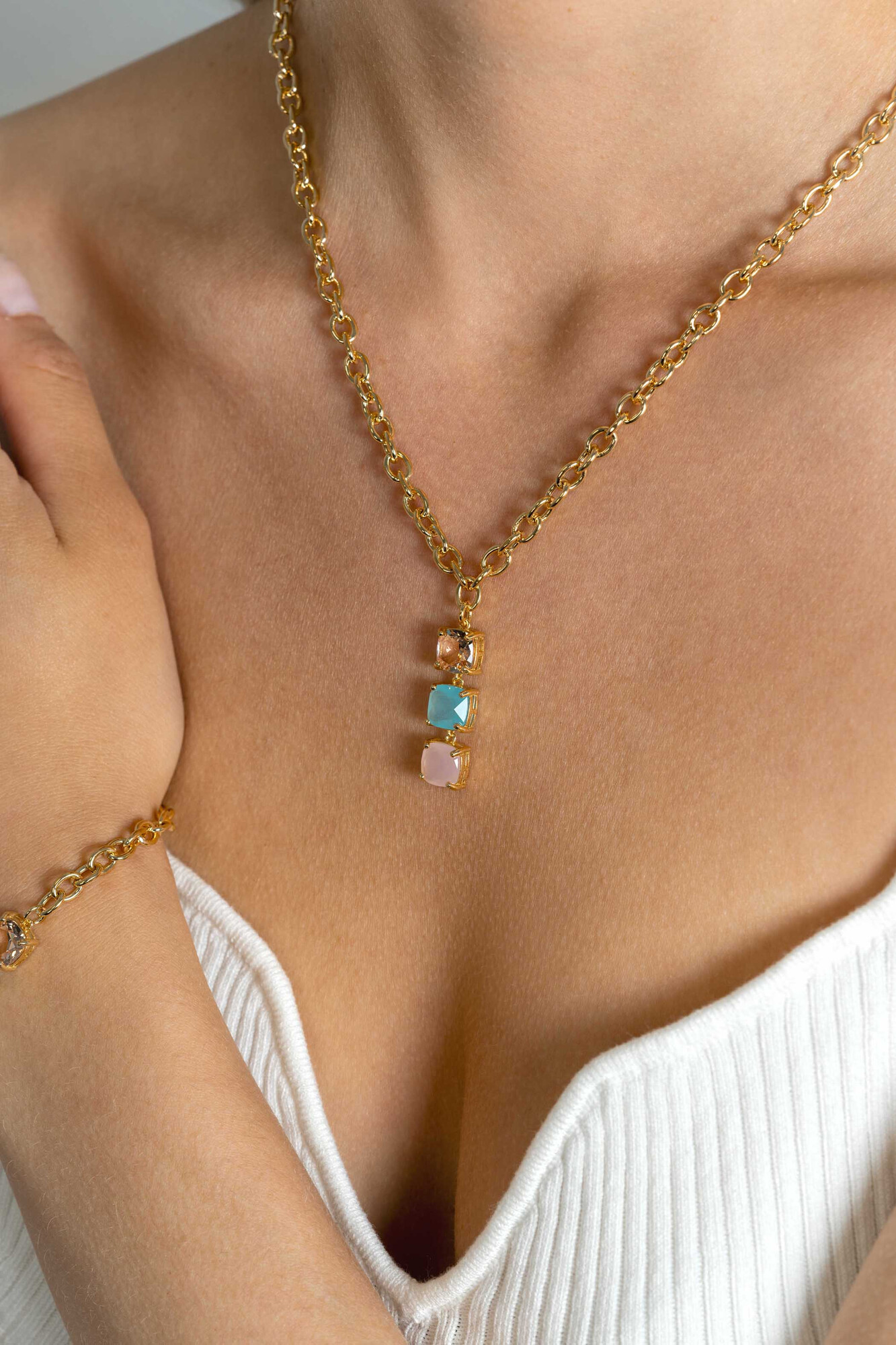 ZINZI zlv. collier gg.verg. hanger roze en turq.stenen