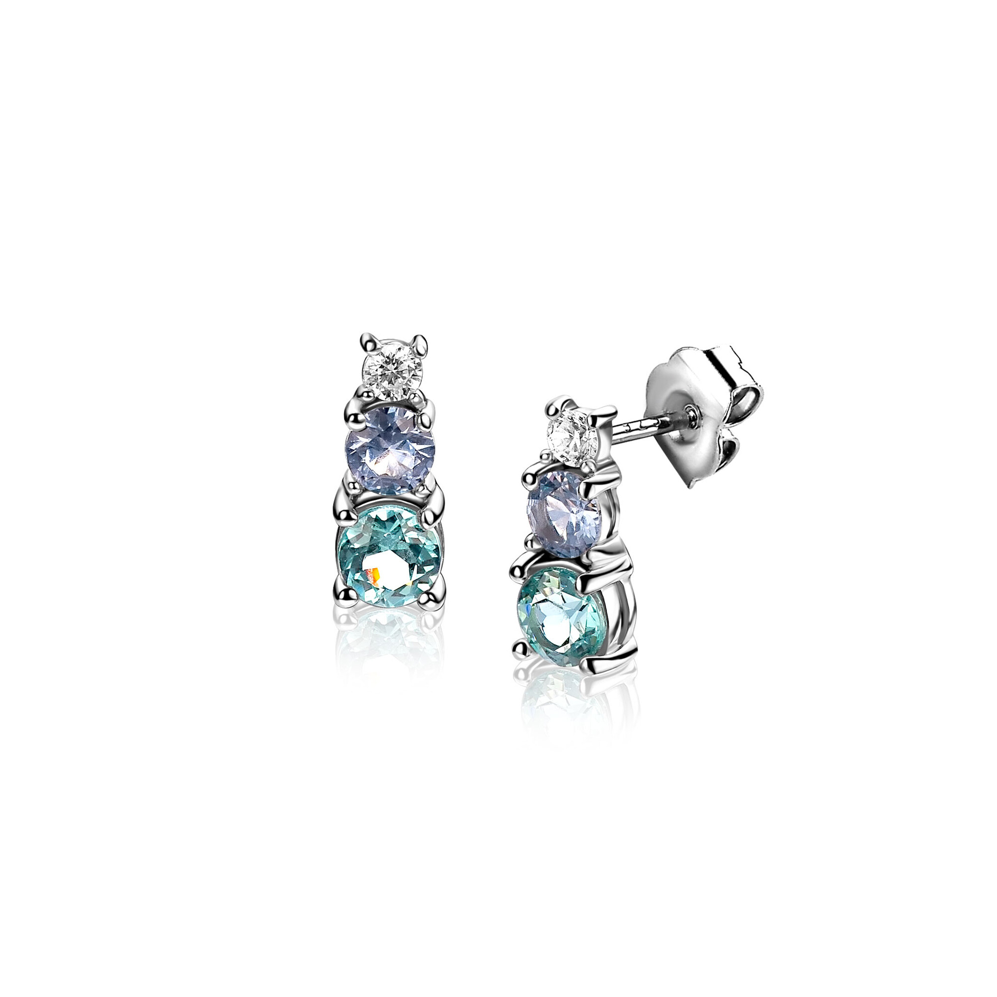 ZINZI zlv. oorknoppen met blauw/petrol/ wit cz